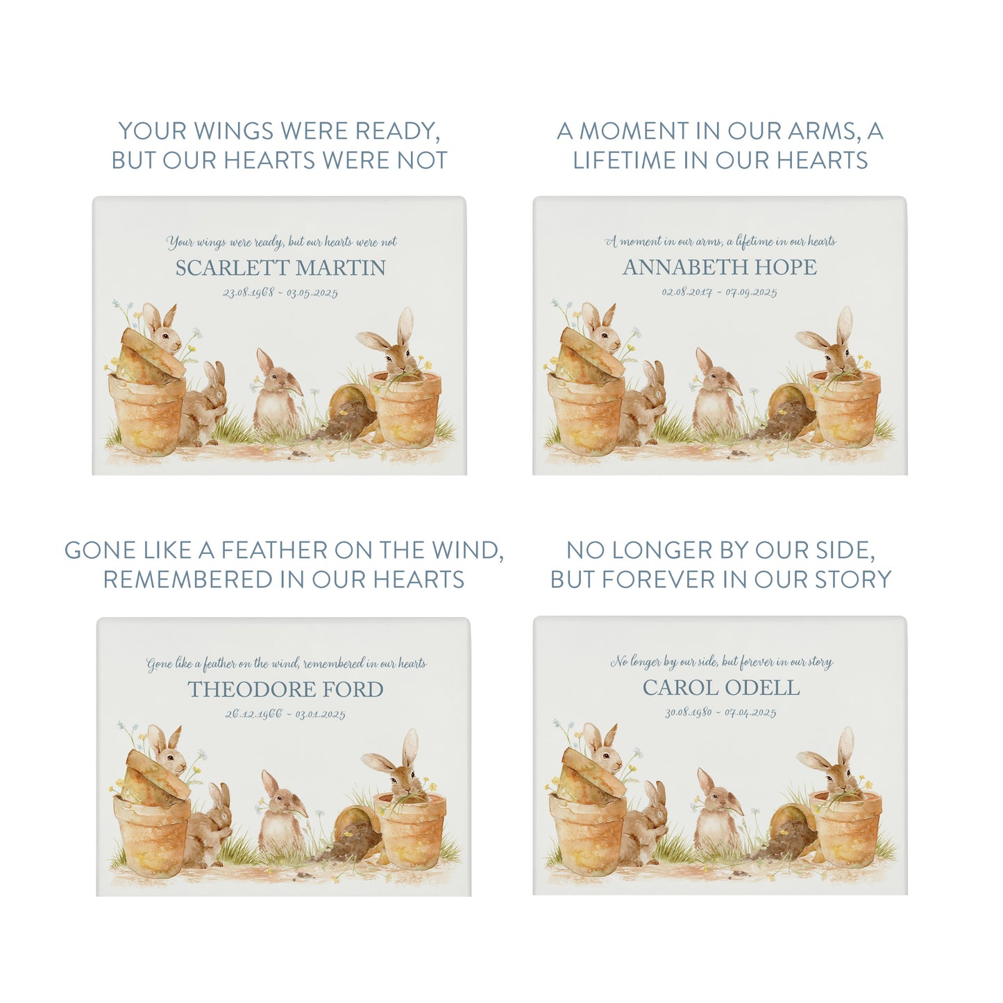 Luxury solid wooden white painted with Bunnies in pots a beautiful watercolour illustration our urns and Caskets for displaying or burying ashes. Customisable and can be personalised. Perfect funeral memory keepsake urn, for storing ashes for humans and pets