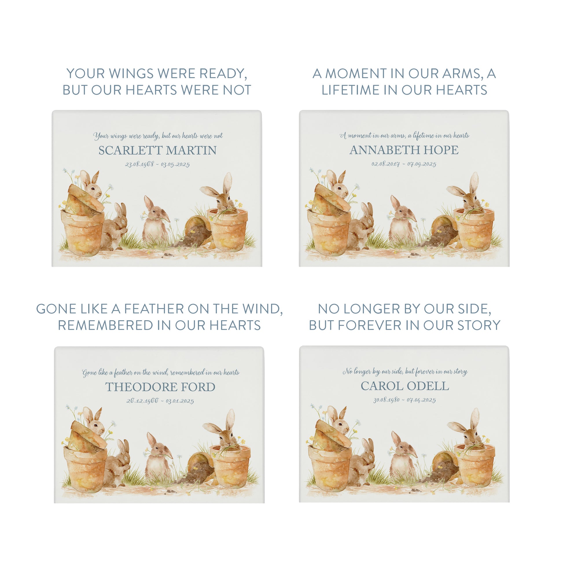 Luxury solid wooden white painted with Bunnies in pots a beautiful watercolour illustration our urns and Caskets for displaying or burying ashes. Customisable and can be personalised. Perfect funeral memory keepsake urn, for storing ashes for humans and pets