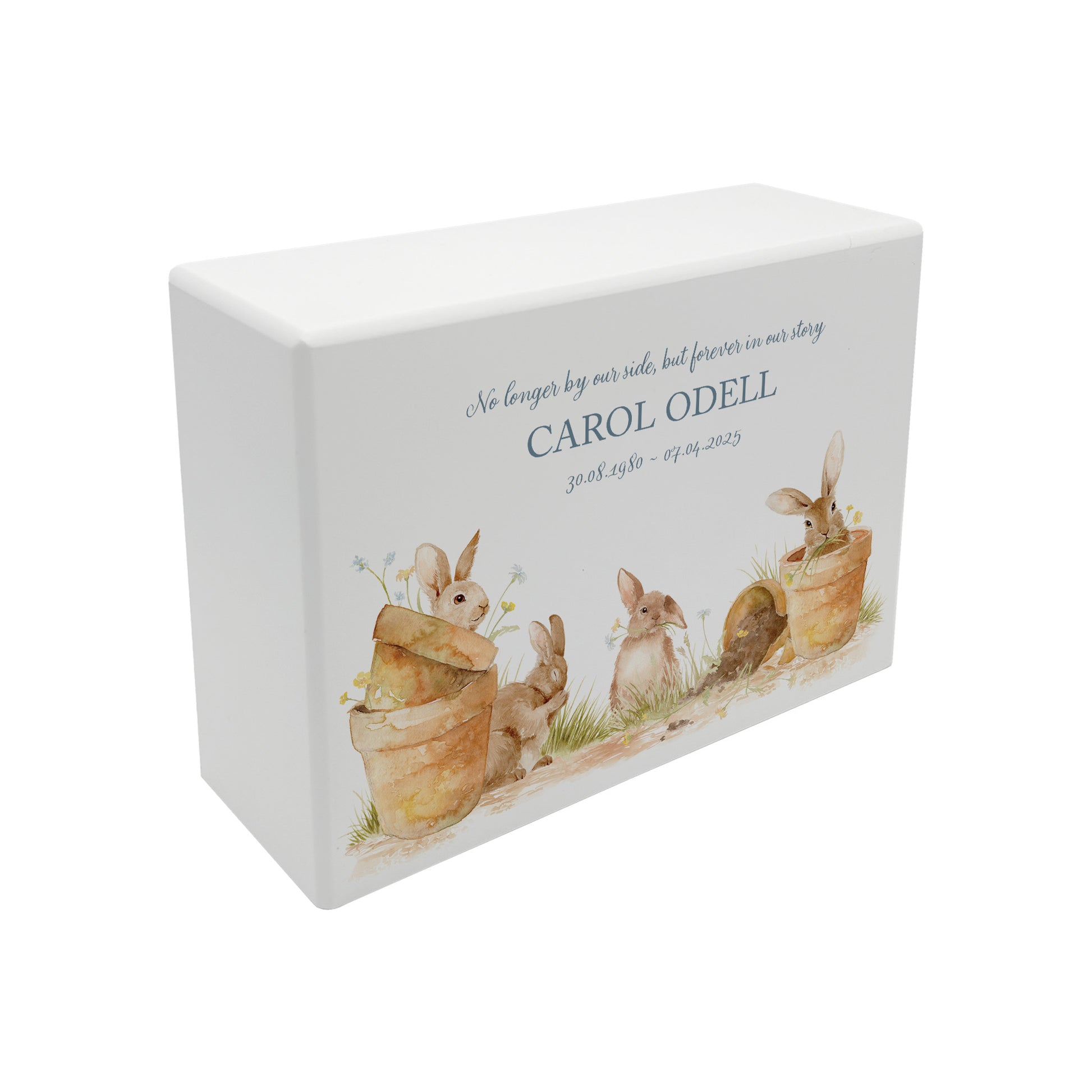 Luxury solid wooden white painted with Bunnies in pots a beautiful watercolour illustration our urns and Caskets for displaying or burying ashes. Customisable and can be personalised. Perfect funeral memory keepsake urn, for storing ashes for humans and pets