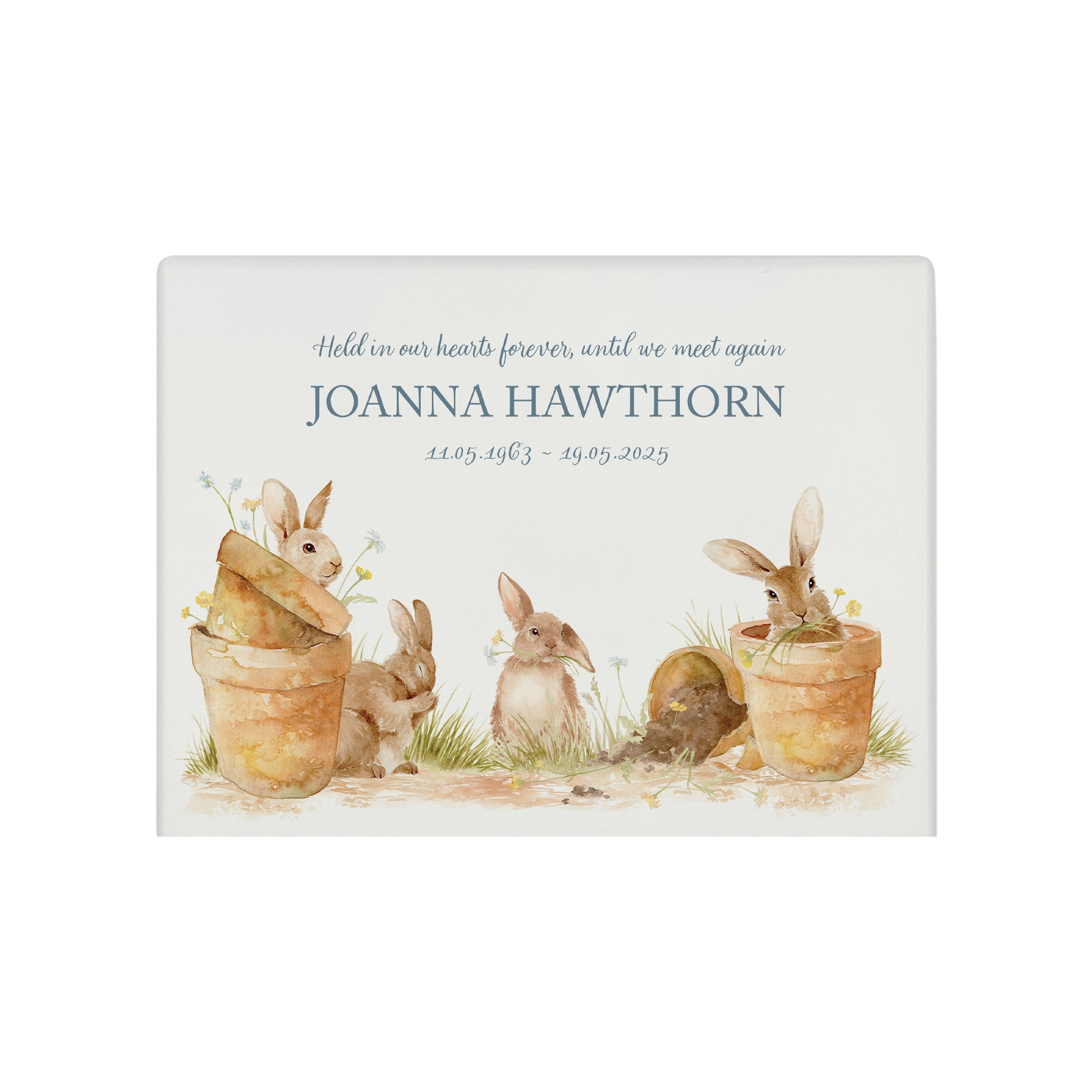 Luxury solid wooden white painted with Bunnies in pots a beautiful watercolour illustration our urns and Caskets for displaying or burying ashes. Customisable and can be personalised. Perfect funeral memory keepsake urn, for storing ashes for humans and pets
