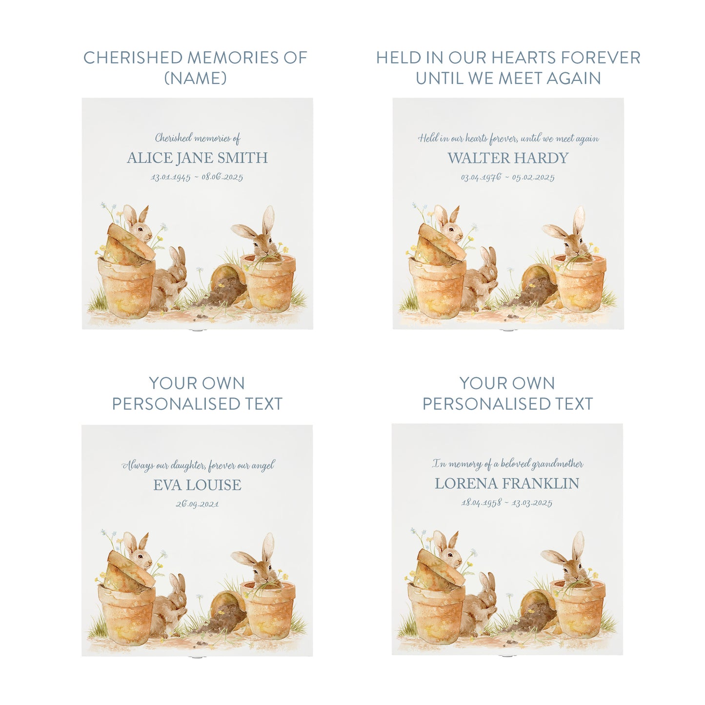 White Square personalised Wooden box with a decorative lid featuring illustrations Bunnies in pots Perfect funeral memory keepsake box, for storing ashes, order of service, flowers and capturing your loved ones things in one place. Available in red, blue, yellow and green