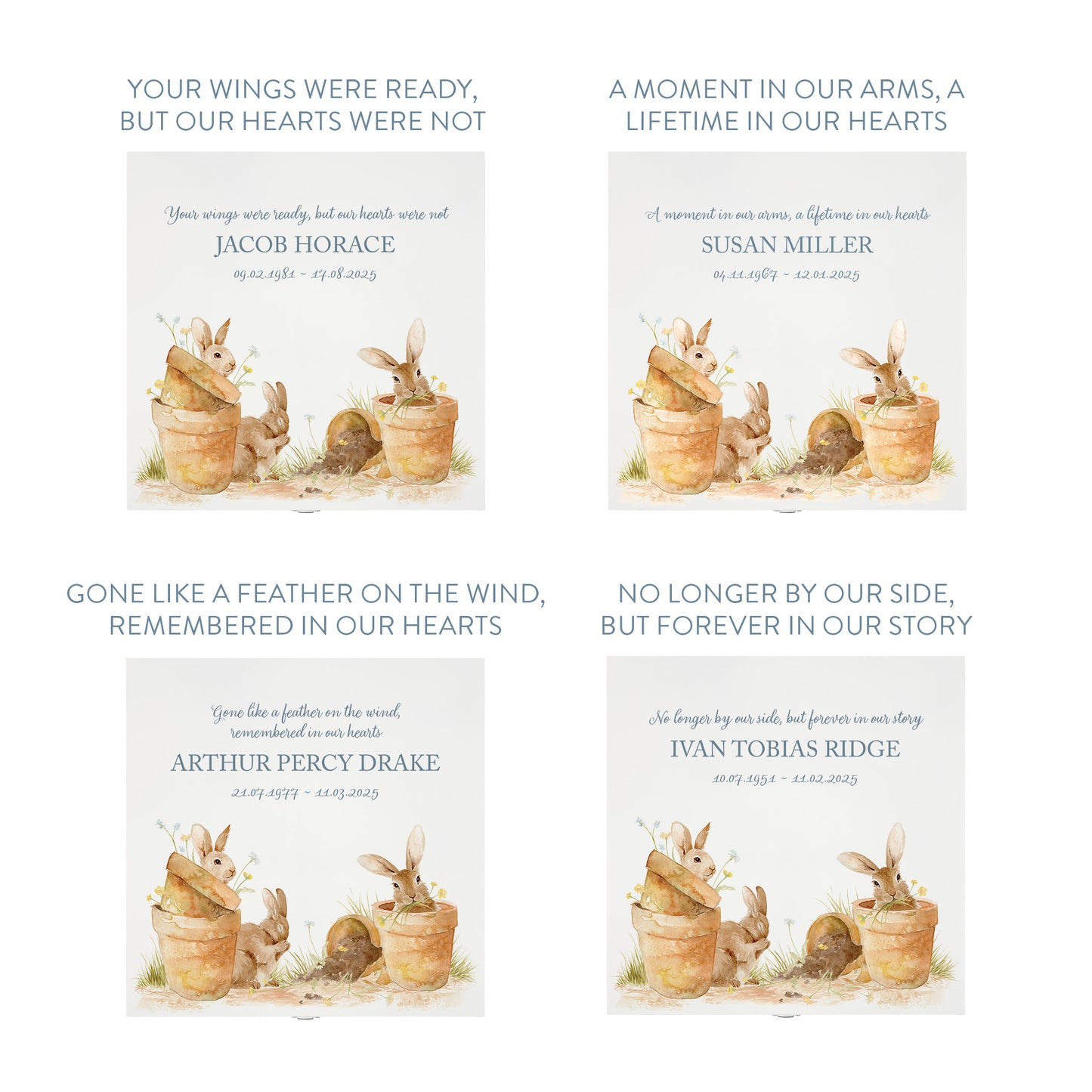White Square personalised Wooden box with a decorative lid featuring illustrations Bunnies in pots Perfect funeral memory keepsake box, for storing ashes, order of service, flowers and capturing your loved ones things in one place. Available in red, blue, yellow and green