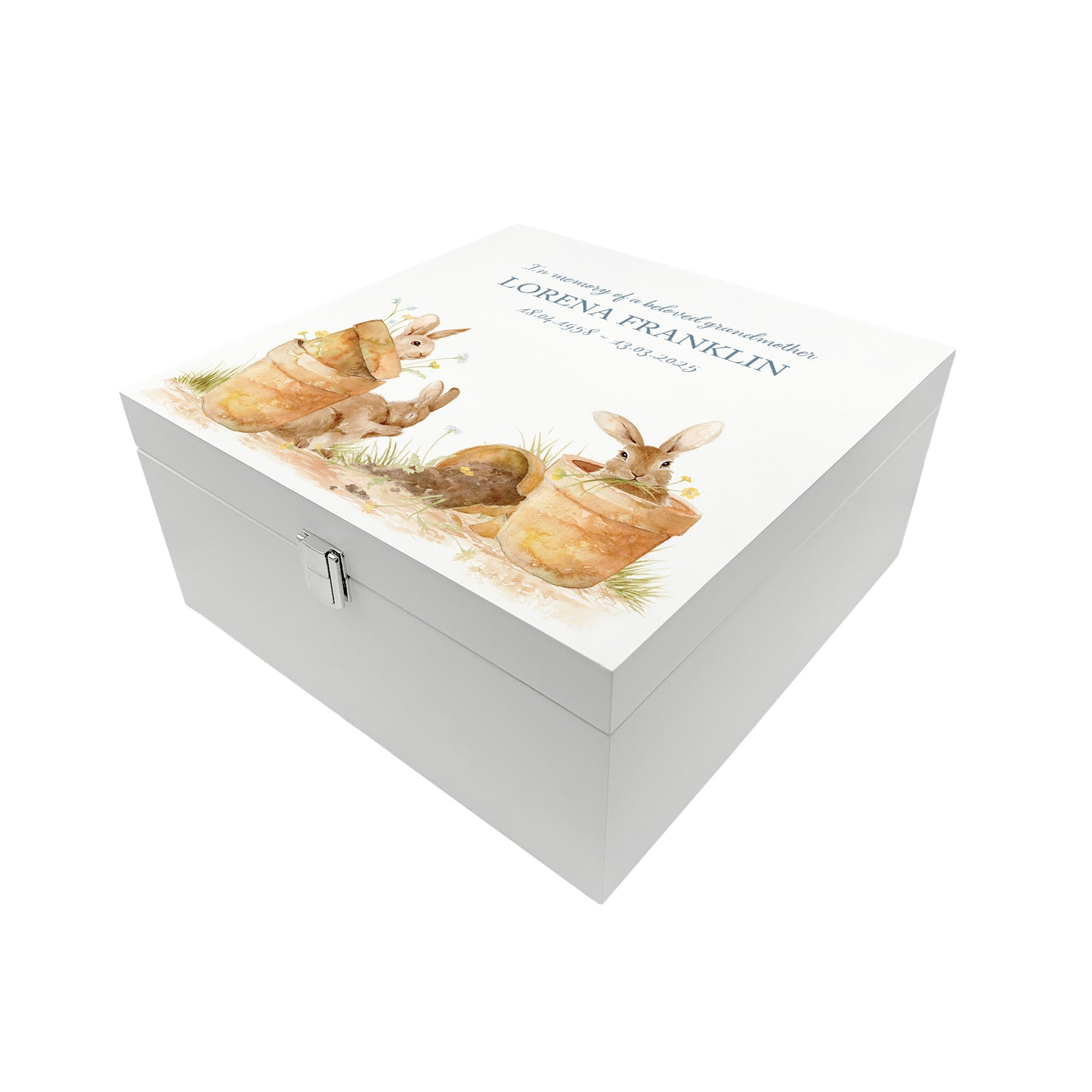 White Square personalised Wooden box with a decorative lid featuring illustrations Bunnies in pots Perfect funeral memory keepsake box, for storing ashes, order of service, flowers and capturing your loved ones things in one place. Available in red, blue, yellow and green