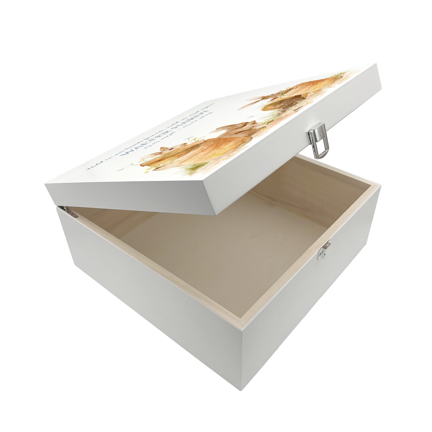 White Square personalised Wooden box with a decorative lid featuring illustrations Bunnies in pots Perfect funeral memory keepsake box, for storing ashes, order of service, flowers and capturing your loved ones things in one place. Available in red, blue, yellow and green