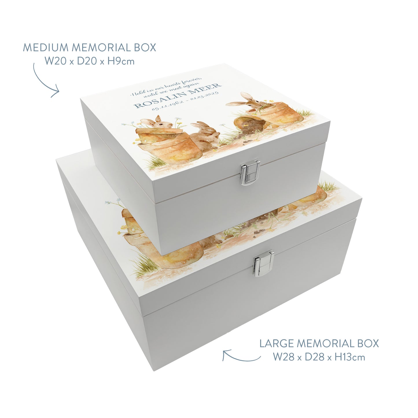 White Square personalised Wooden box with a decorative lid featuring illustrations Bunnies in pots Perfect funeral memory keepsake box, for storing ashes, order of service, flowers and capturing your loved ones things in one place. Available in red, blue, yellow and green