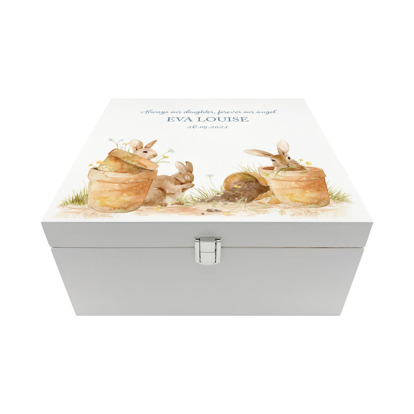 White Square personalised Wooden box with a decorative lid featuring illustrations Bunnies in pots Perfect funeral memory keepsake box, for storing ashes, order of service, flowers and capturing your loved ones things in one place. Available in red, blue, yellow and green