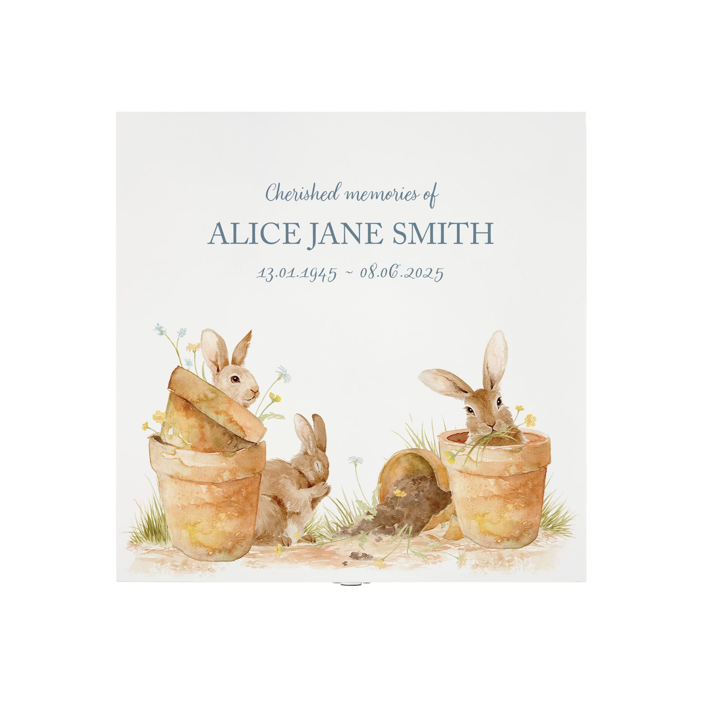 White Square personalised Wooden box with a decorative lid featuring illustrations Bunnies in pots Perfect funeral memory keepsake box, for storing ashes, order of service, flowers and capturing your loved ones things in one place. Available in red, blue, yellow and green