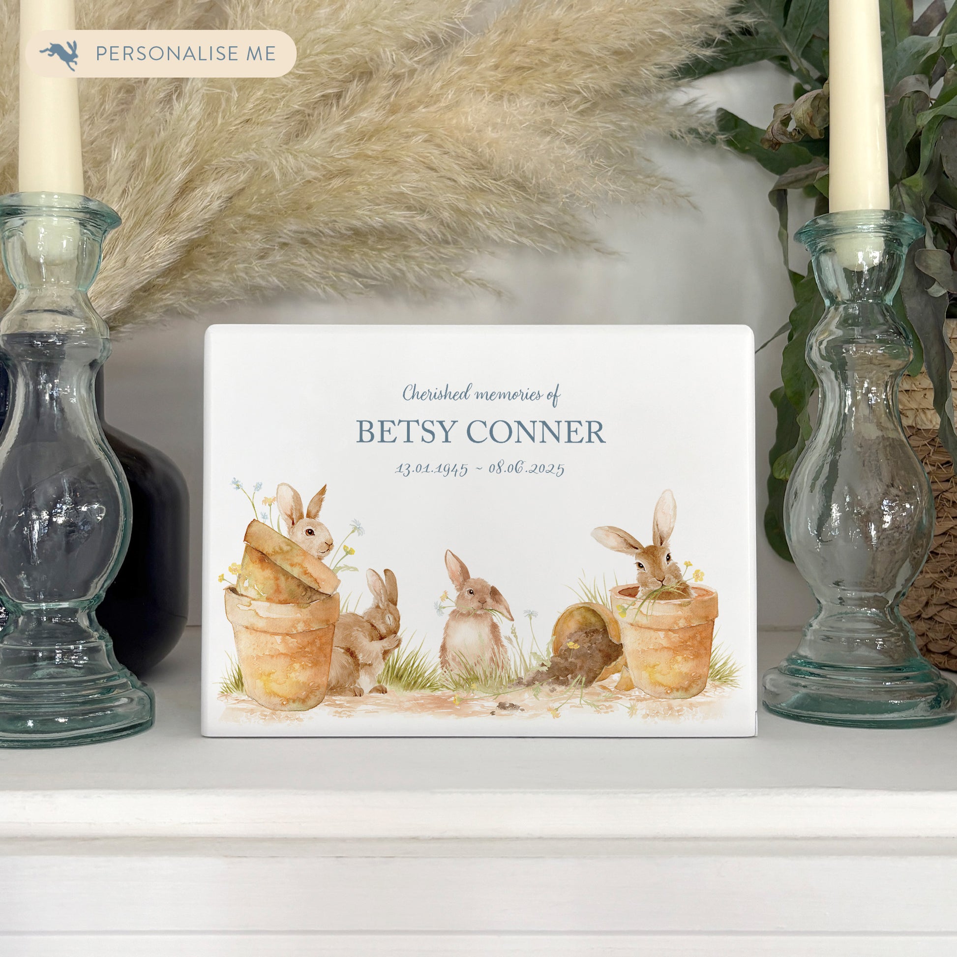 Luxury solid wooden white painted with Bunnies in pots a beautiful watercolour illustration our urns and Caskets for displaying or burying ashes. Customisable and can be personalised. Perfect funeral memory keepsake urn, for storing ashes for humans and pets