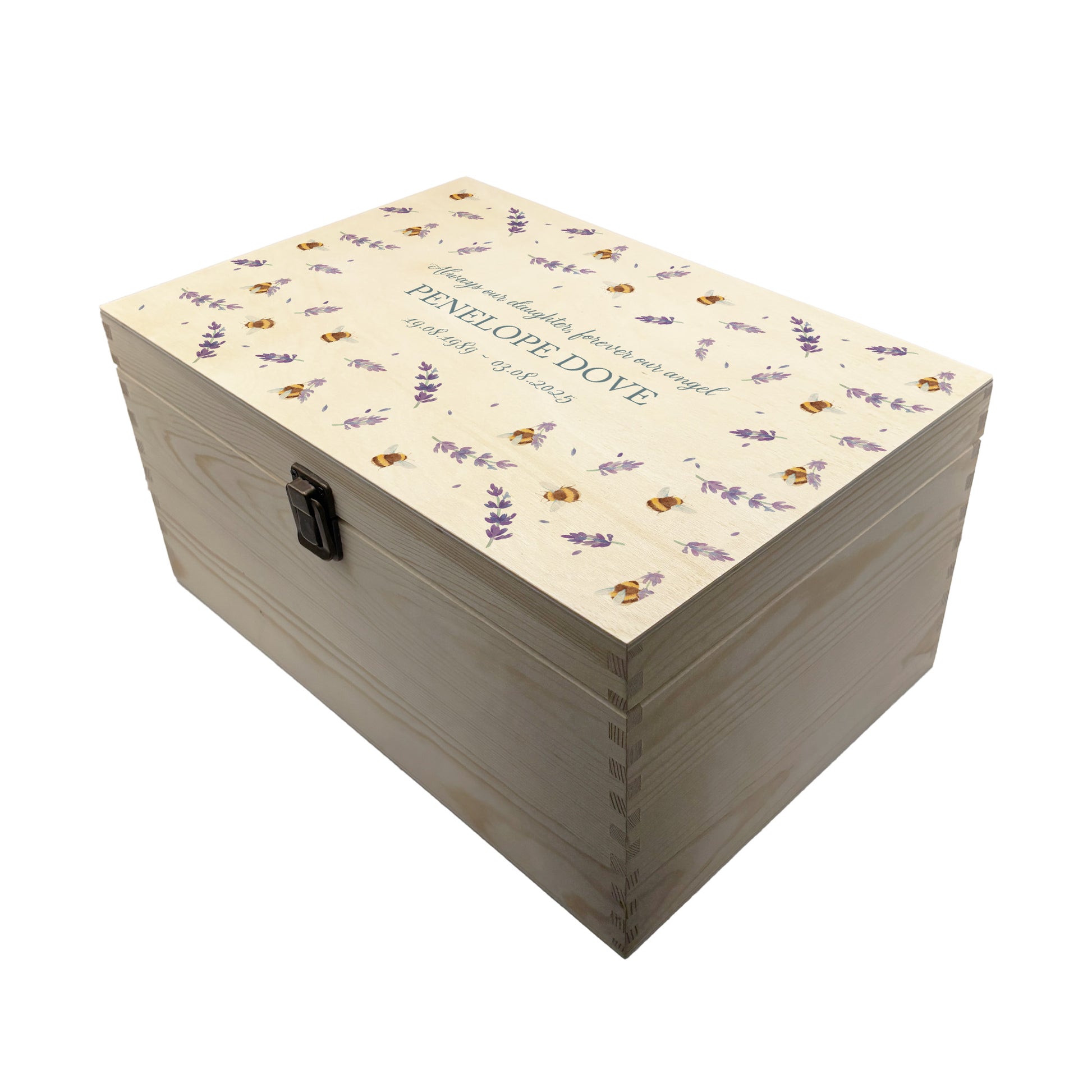 Wooden box with a lid featuring an illustration of  Bees on a wooden background Perfect funeral memory keepsake box, for storing ashes, order of service, flowers, pictures.