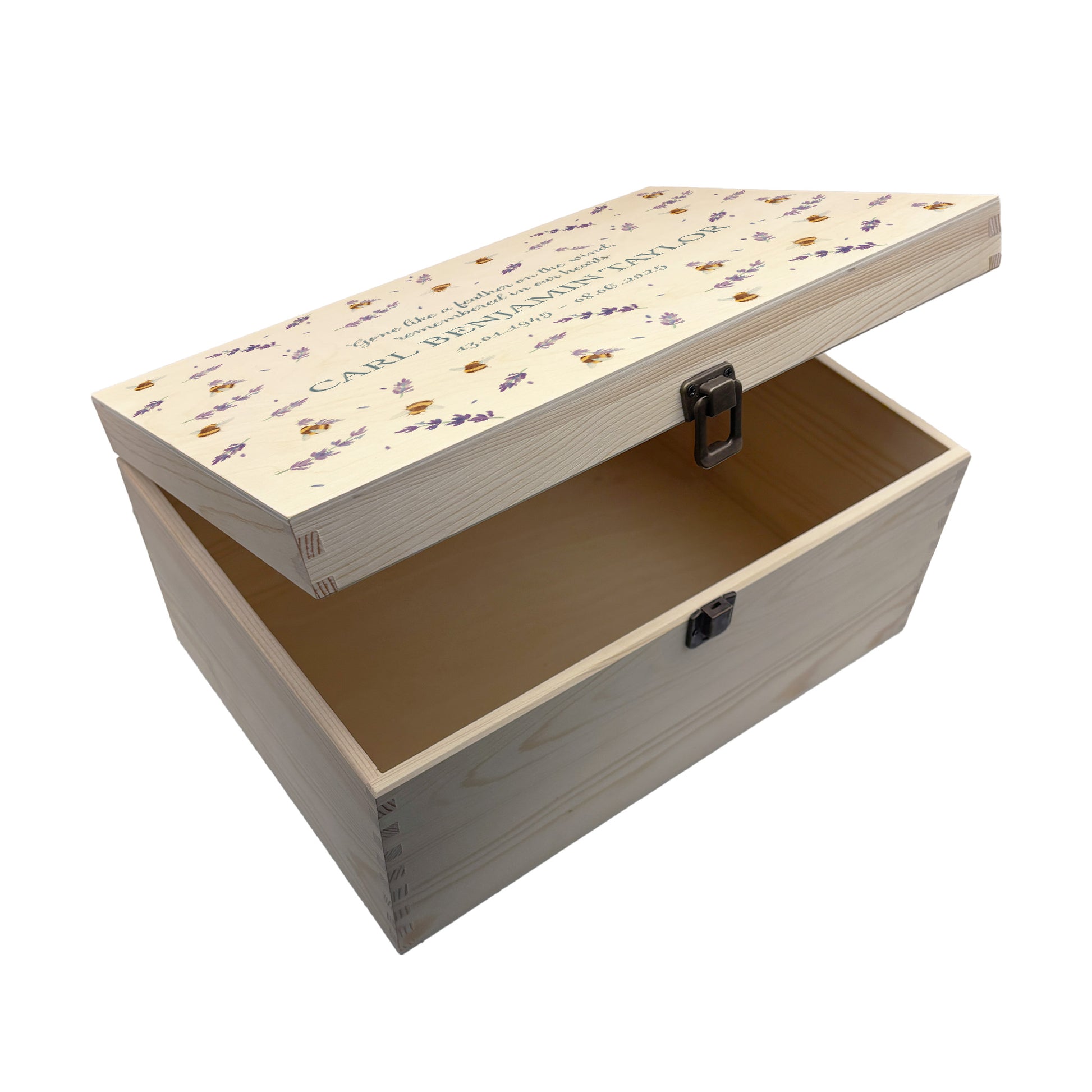 Wooden box with a lid featuring an illustration of  Bees on a wooden background Perfect funeral memory keepsake box, for storing ashes, order of service, flowers, pictures.