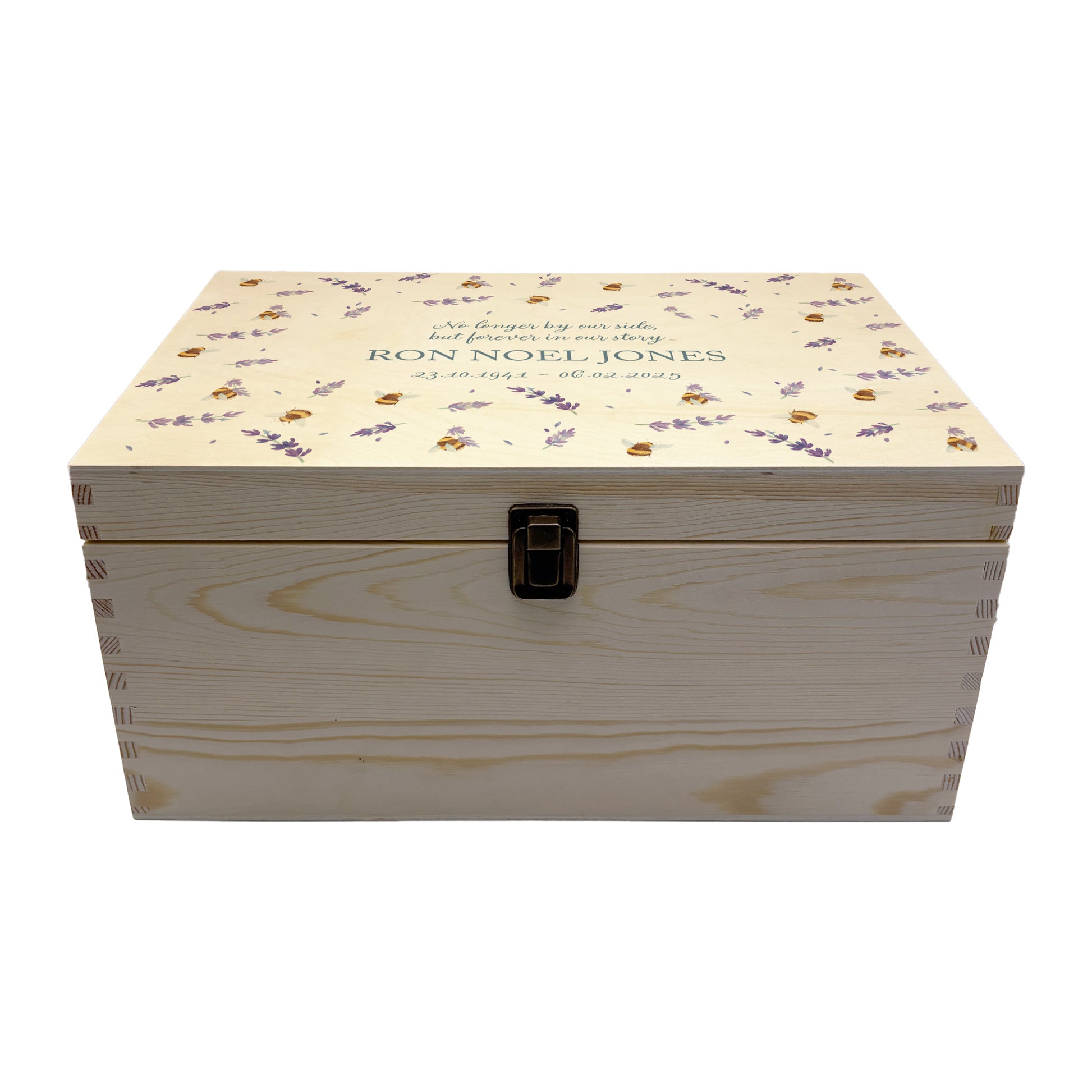 Wooden box with a lid featuring an illustration of  Bees on a wooden background Perfect funeral memory keepsake box, for storing ashes, order of service, flowers, pictures.