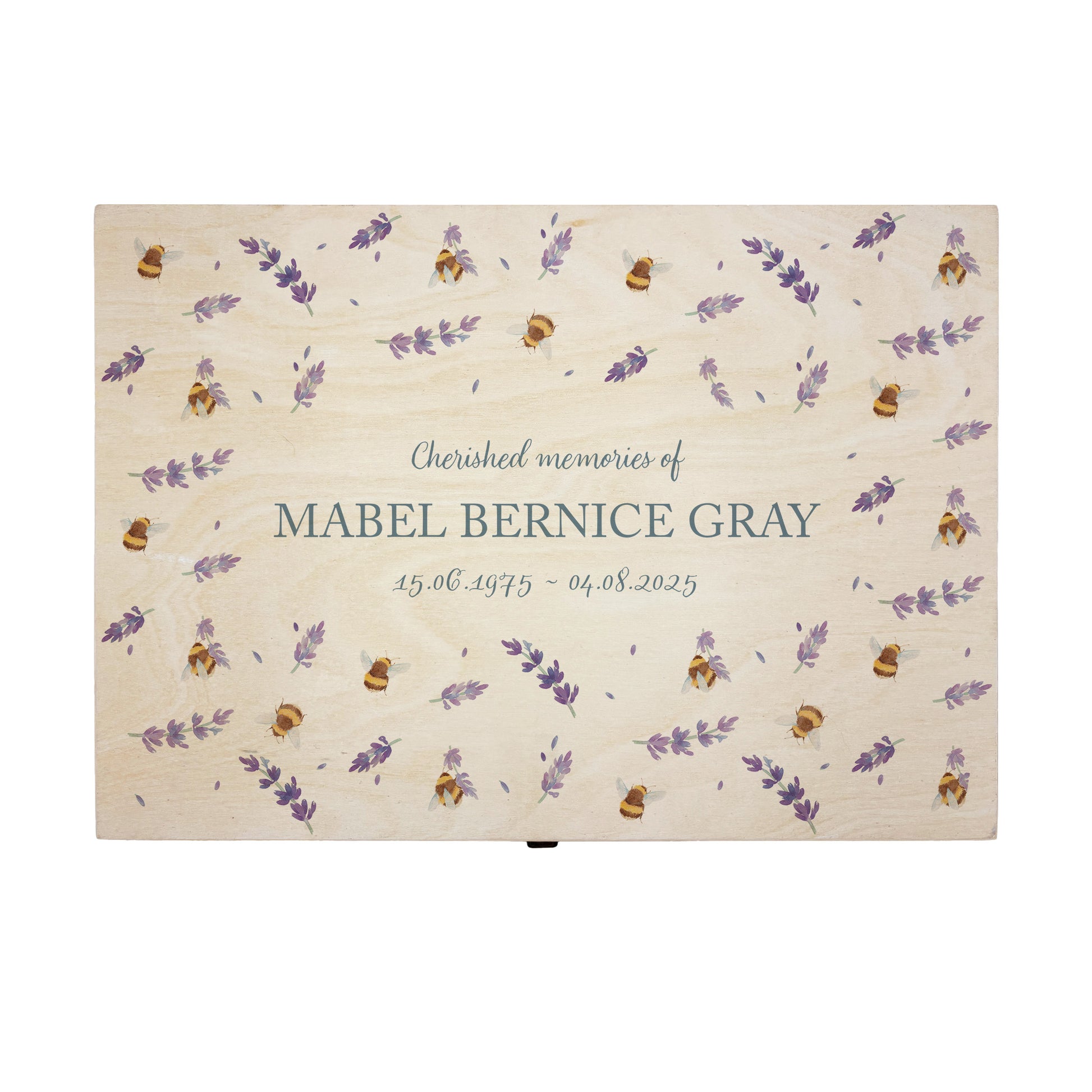 Wooden box with a lid featuring an illustration of  Bees on a wooden background Perfect funeral memory keepsake box, for storing ashes, order of service, flowers, pictures.