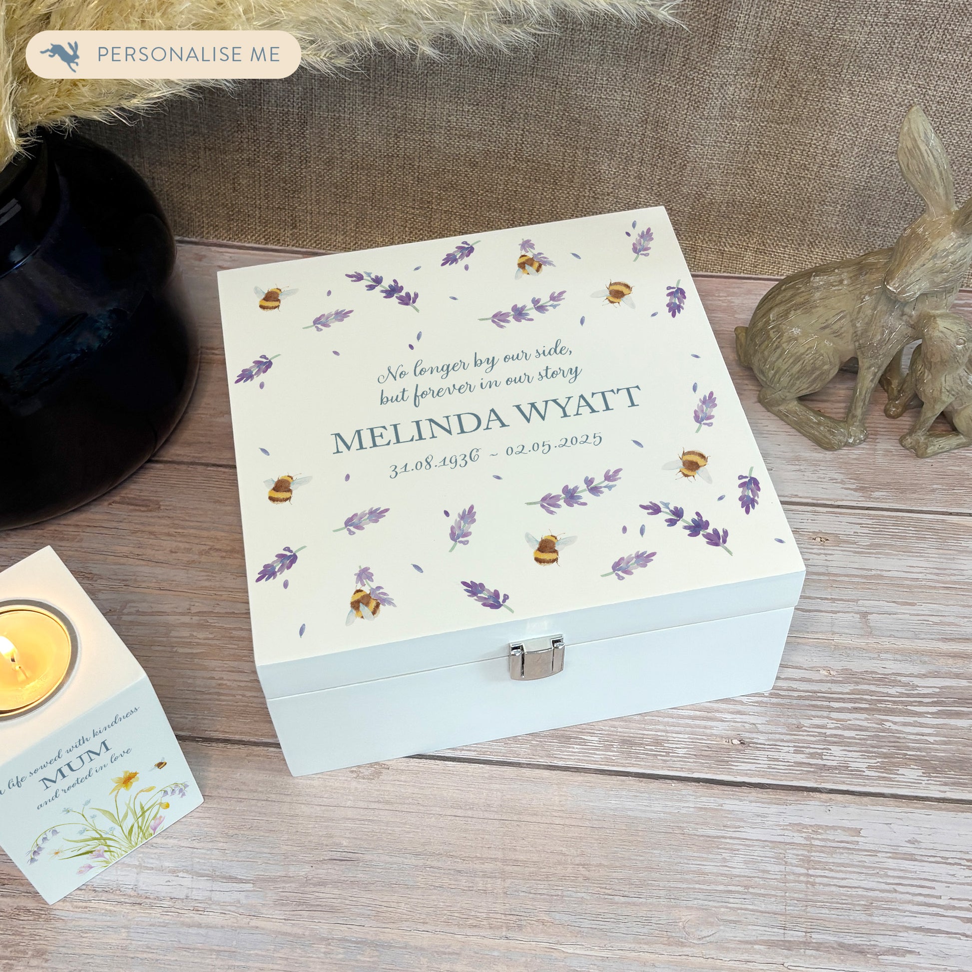 White Square personalised Wooden box with a decorative lid featuring illustrations of Busy Bees in Lavender bee Perfect funeral memory keepsake box, for storing ashes, order of service, flowers and capturing your loved ones things in one place.