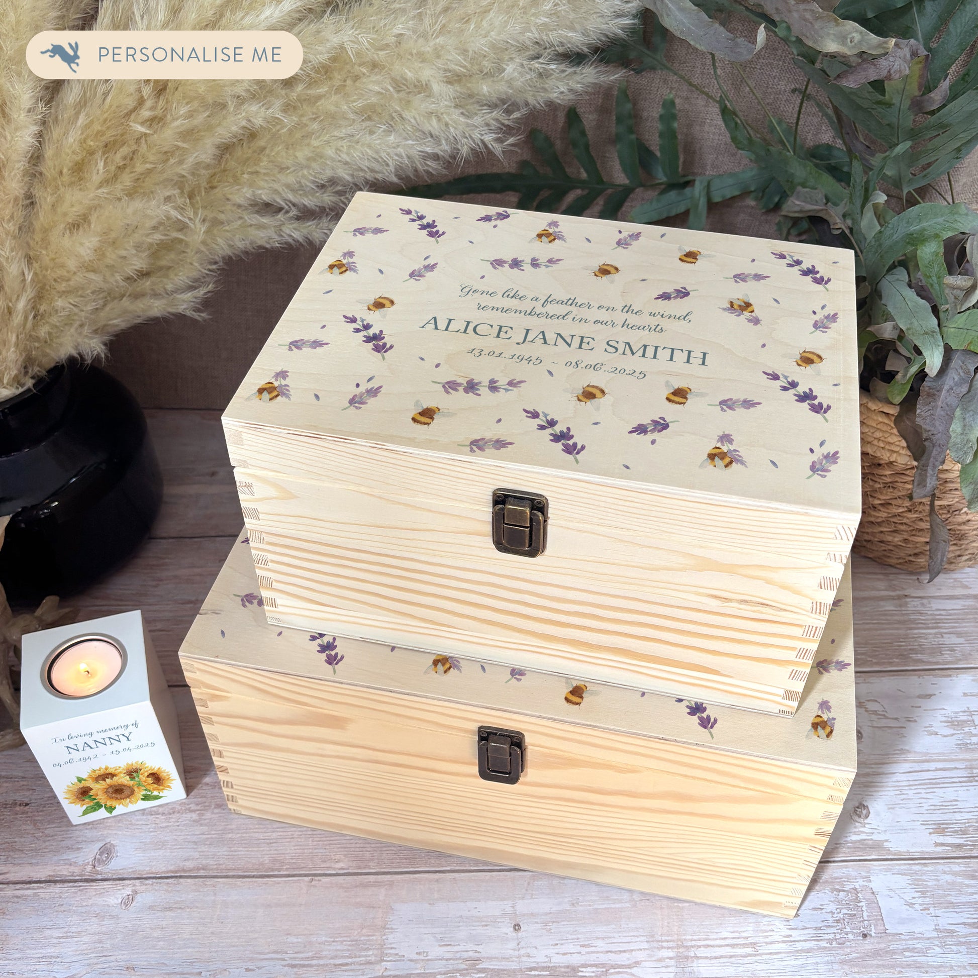 Wooden box with a lid featuring an illustration of  Bees on a wooden background Perfect funeral memory keepsake box, for storing ashes, order of service, flowers, pictures.
