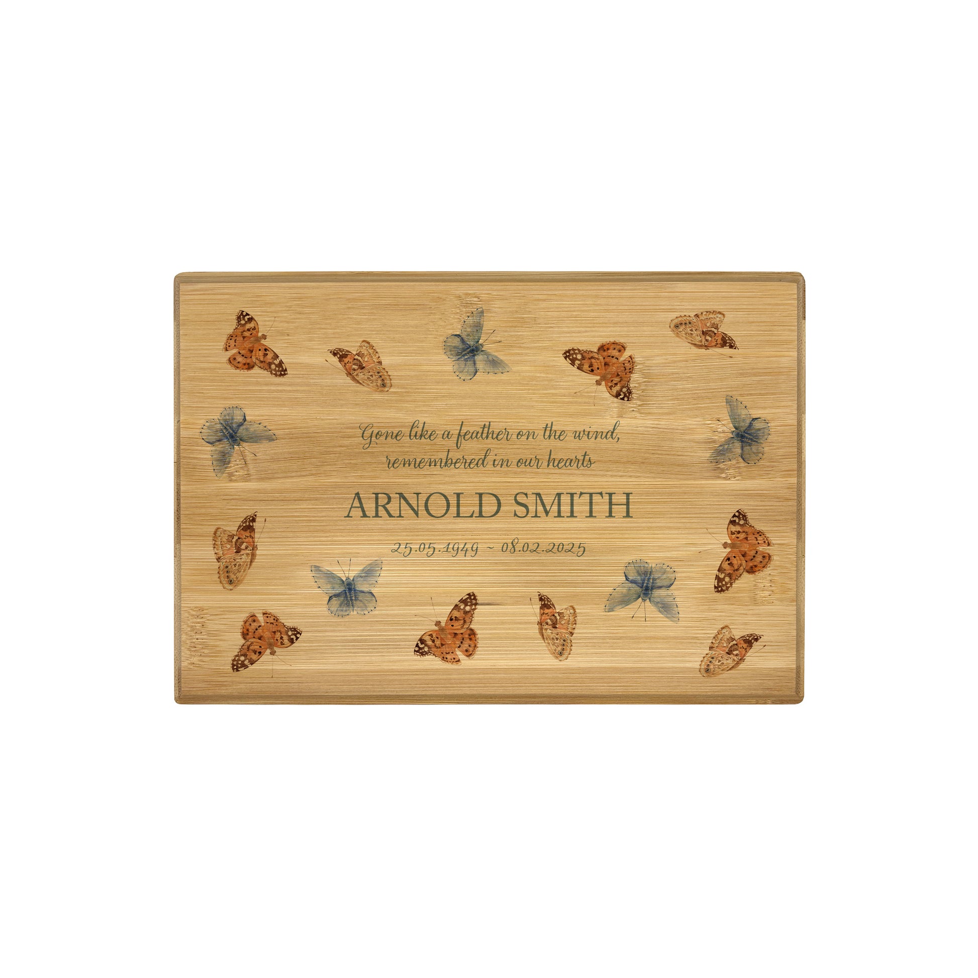 A beautifully crafted solid Bamboo wooden urn, personalised and finished with a soft watercolour design of flying Butterflies, Thoughtfully made for either display or burial, this personalised urn can be customised to create a meaningful memorial. Perfect for holding ashes of a loved one or a beloved pet, it serves as a comforting tribute and keepsake.