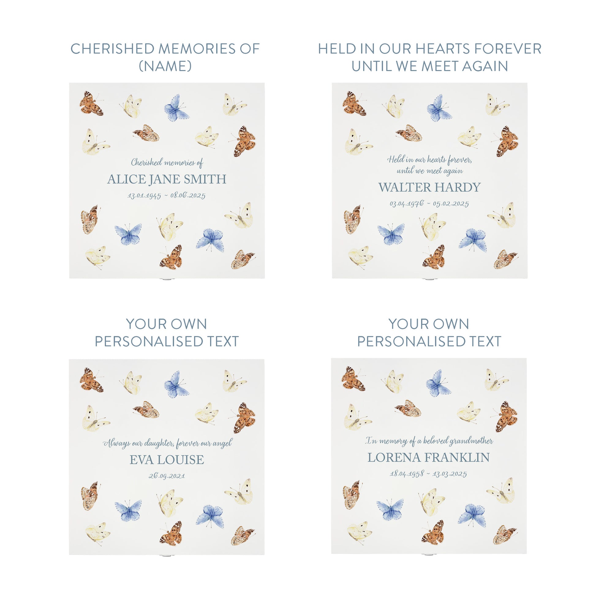 White Square personalised Wooden box with a decorative lid featuring illustrations Butterflies, Perfect funeral memory keepsake box, for storing ashes, order of service, flowers and capturing your loved ones things in one place. Available in red, blue, yellow and green