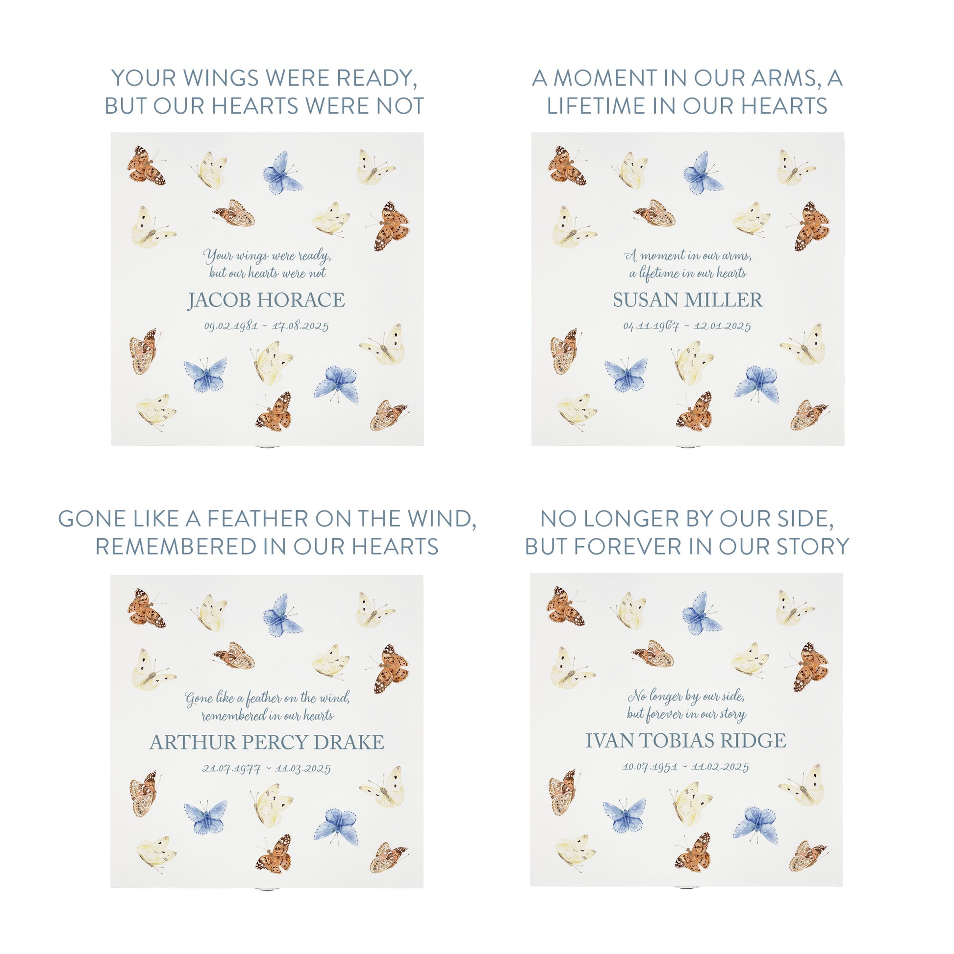 White Square personalised Wooden box with a decorative lid featuring illustrations Butterflies, Perfect funeral memory keepsake box, for storing ashes, order of service, flowers and capturing your loved ones things in one place. Available in red, blue, yellow and green