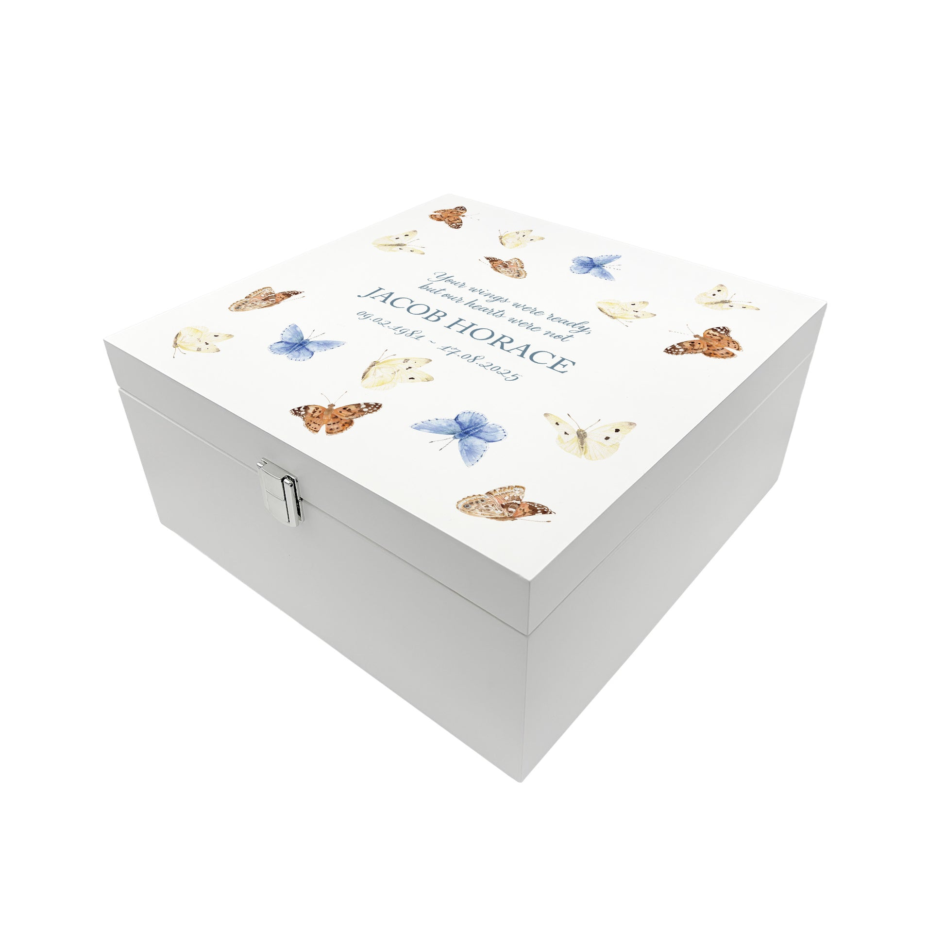 White Square personalised Wooden box with a decorative lid featuring illustrations Butterflies, Perfect funeral memory keepsake box, for storing ashes, order of service, flowers and capturing your loved ones things in one place. Available in red, blue, yellow and green