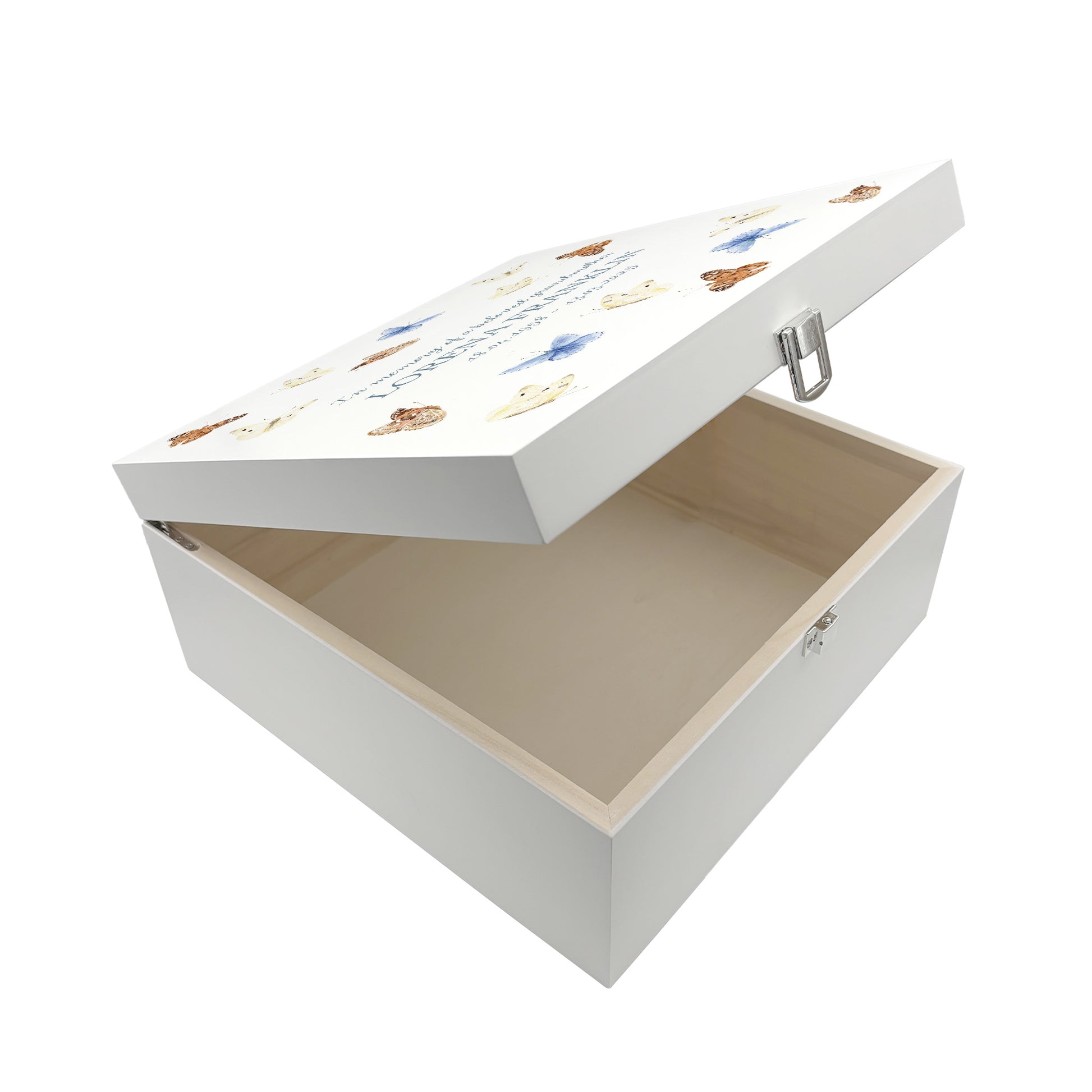 White Square personalised Wooden box with a decorative lid featuring illustrations Butterflies, Perfect funeral memory keepsake box, for storing ashes, order of service, flowers and capturing your loved ones things in one place. Available in red, blue, yellow and green