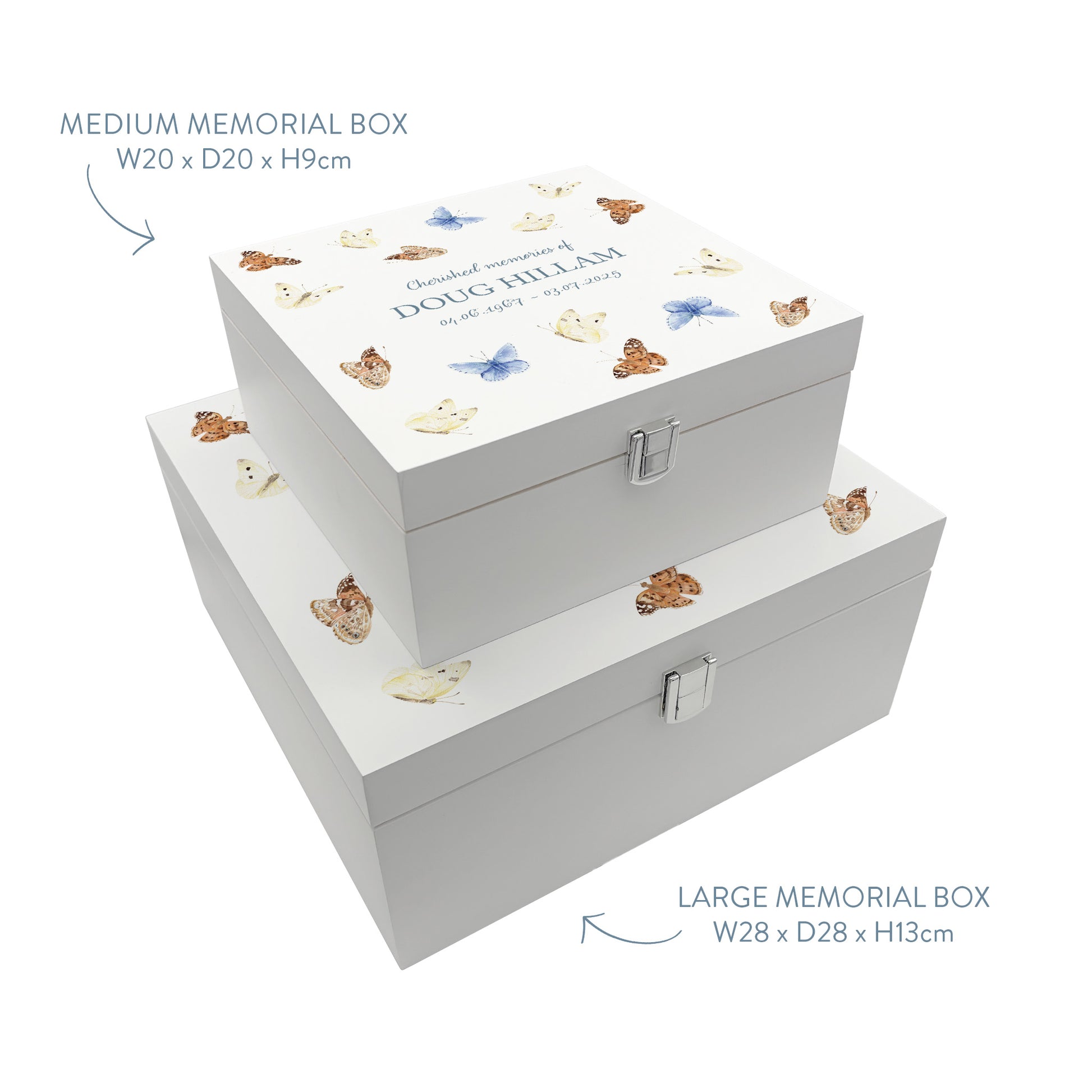 White Square personalised Wooden box with a decorative lid featuring illustrations Butterflies, Perfect funeral memory keepsake box, for storing ashes, order of service, flowers and capturing your loved ones things in one place. Available in red, blue, yellow and green