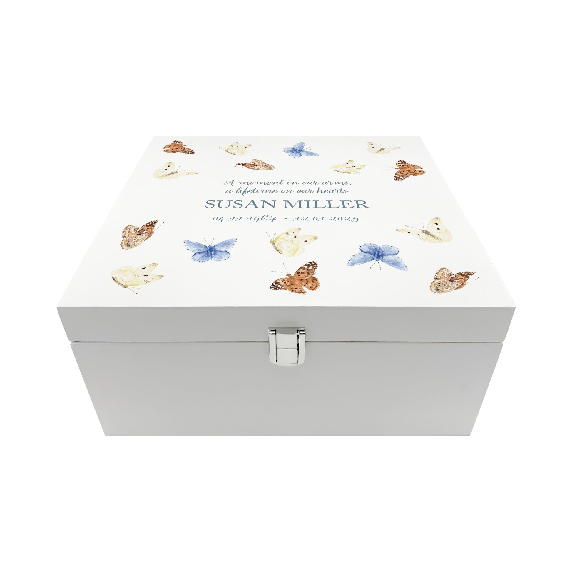 White Square personalised Wooden box with a decorative lid featuring illustrations Butterflies, Perfect funeral memory keepsake box, for storing ashes, order of service, flowers and capturing your loved ones things in one place. Available in red, blue, yellow and green