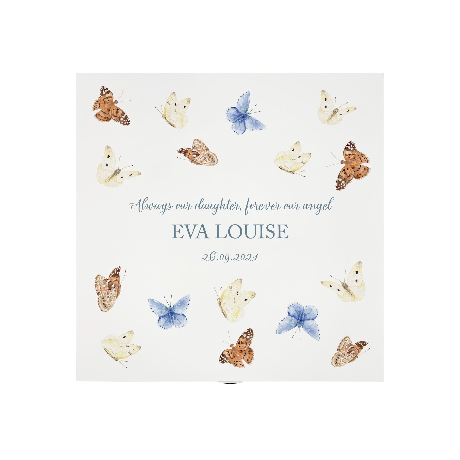 White Square personalised Wooden box with a decorative lid featuring illustrations Butterflies, Perfect funeral memory keepsake box, for storing ashes, order of service, flowers and capturing your loved ones things in one place. Available in red, blue, yellow and green