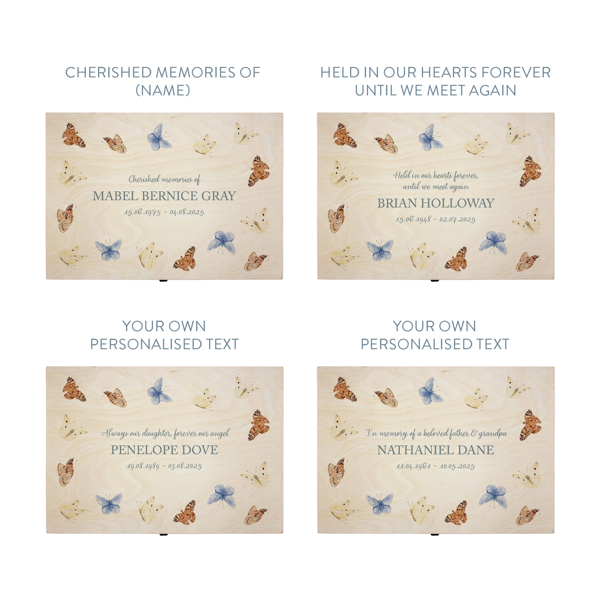 Wooden box with a decorative lid featuring illustrations of Flying Butterflies Perfect funeral memory keepsake box, for storing ashes, order of service, flowers. capturing your loved ones favourite hobby