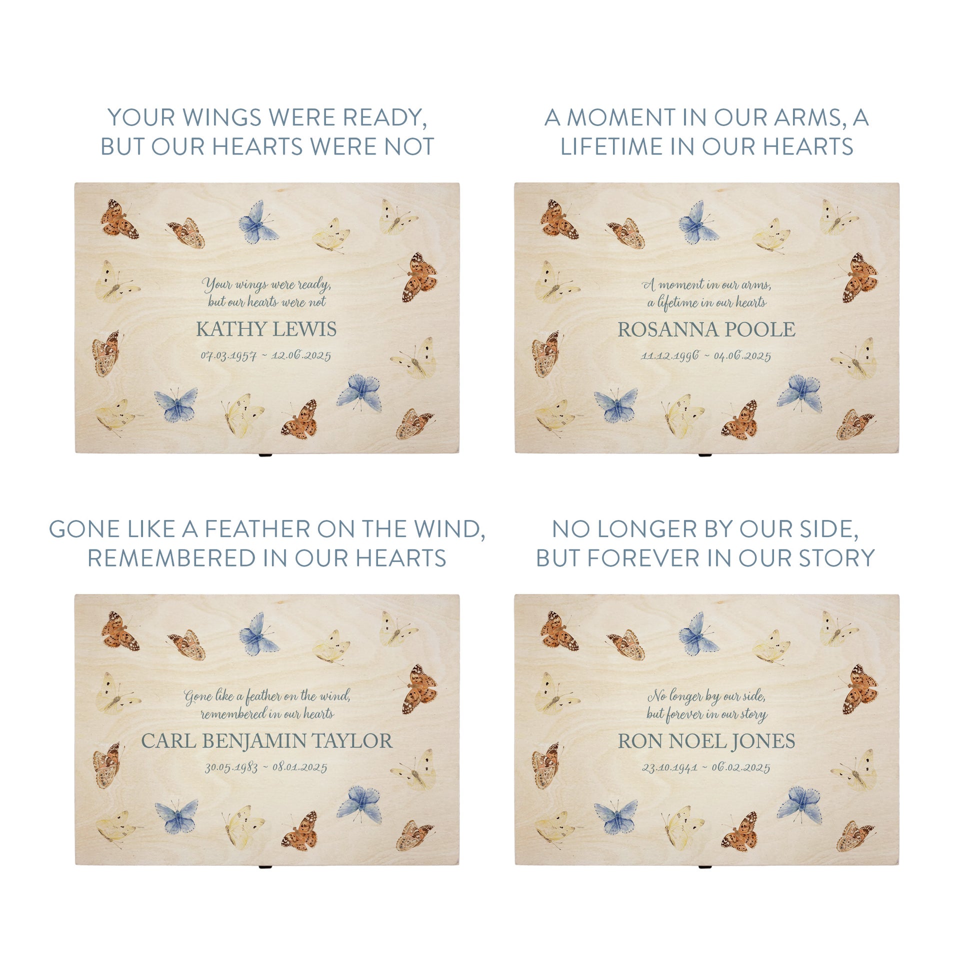 Wooden box with a decorative lid featuring illustrations of Flying Butterflies Perfect funeral memory keepsake box, for storing ashes, order of service, flowers. capturing your loved ones favourite hobby