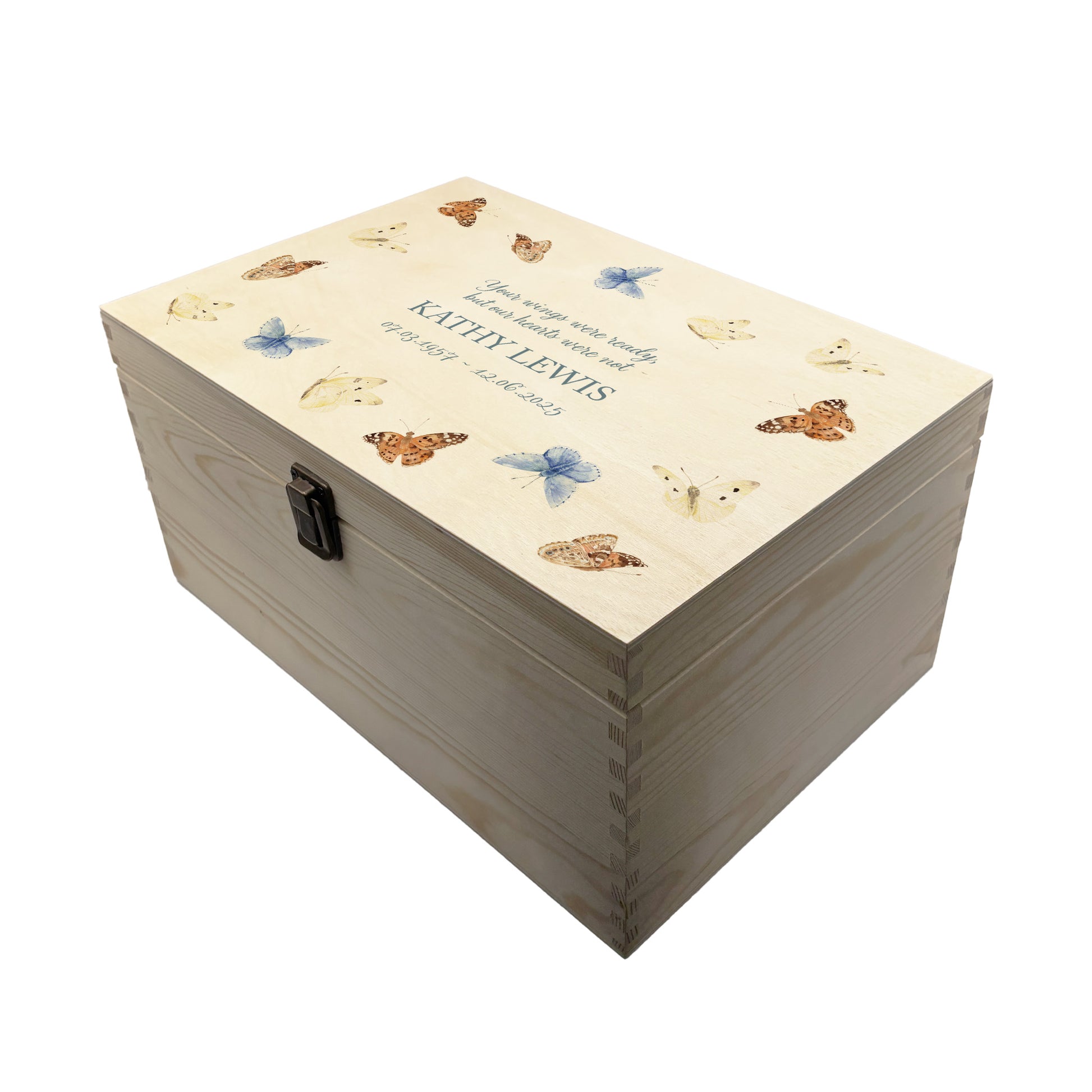 Wooden box with a decorative lid featuring illustrations of Flying Butterflies Perfect funeral memory keepsake box, for storing ashes, order of service, flowers. capturing your loved ones favourite hobby