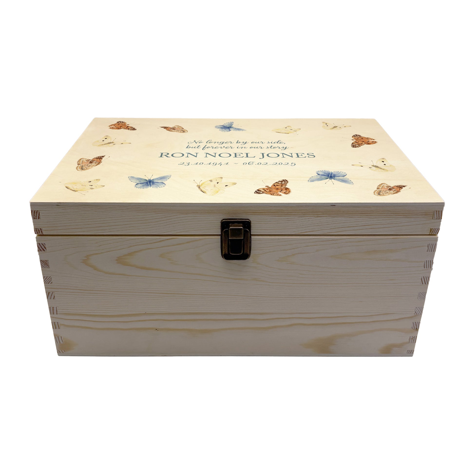 Wooden box with a decorative lid featuring illustrations of Flying Butterflies Perfect funeral memory keepsake box, for storing ashes, order of service, flowers. capturing your loved ones favourite hobby