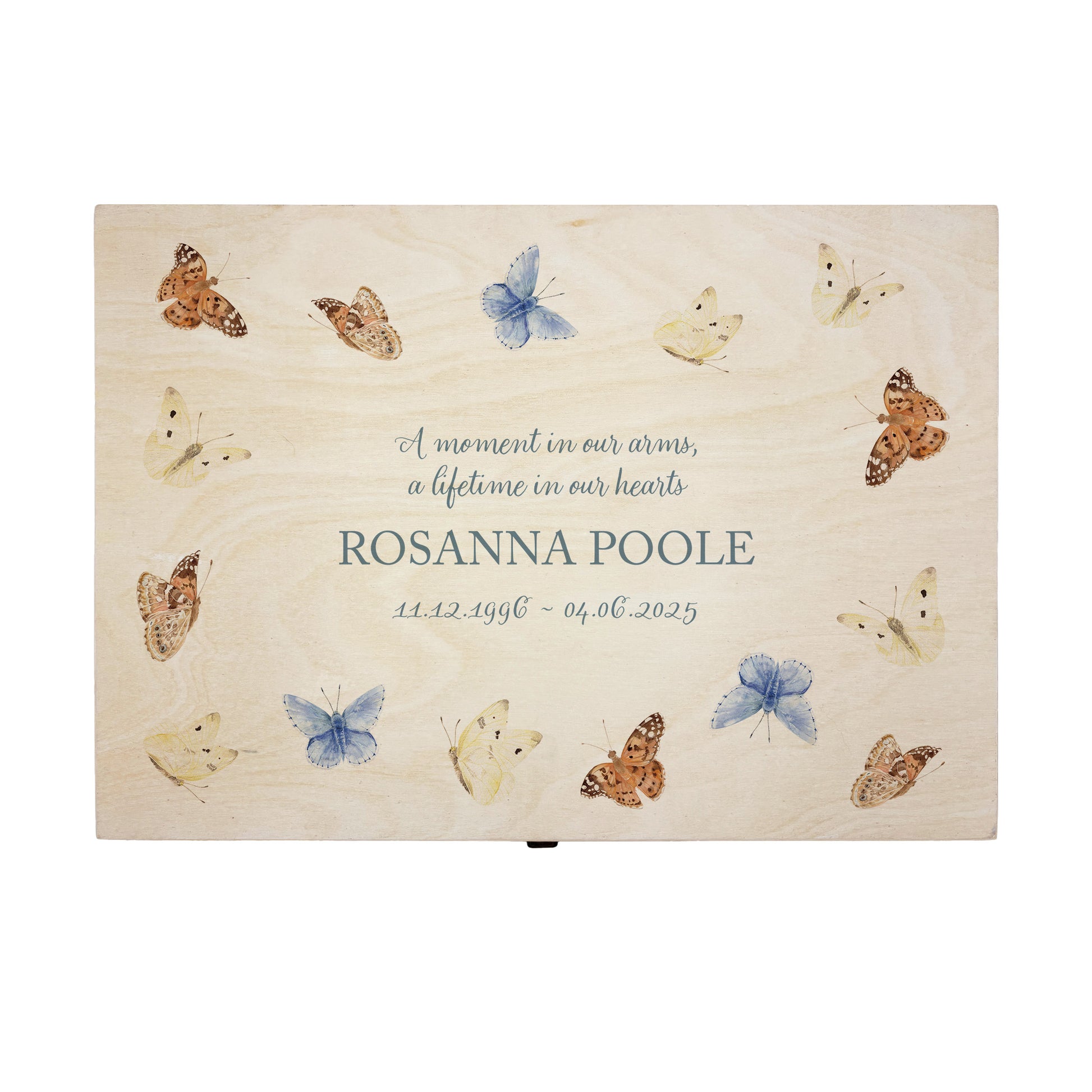 Wooden box with a decorative lid featuring illustrations of Flying Butterflies Perfect funeral memory keepsake box, for storing ashes, order of service, flowers. capturing your loved ones favourite hobby