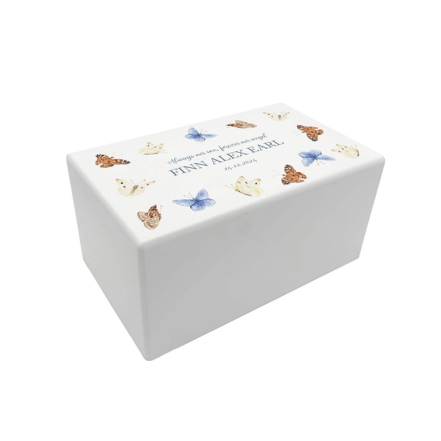 Luxury solid wooden white painted Urn with Butterflies watercolour illustration, our urns and Caskets for displaying or burying ashes. Customisable and can be personalised. Perfect funeral memory keepsake urn, for storing ashes for humans and pets.