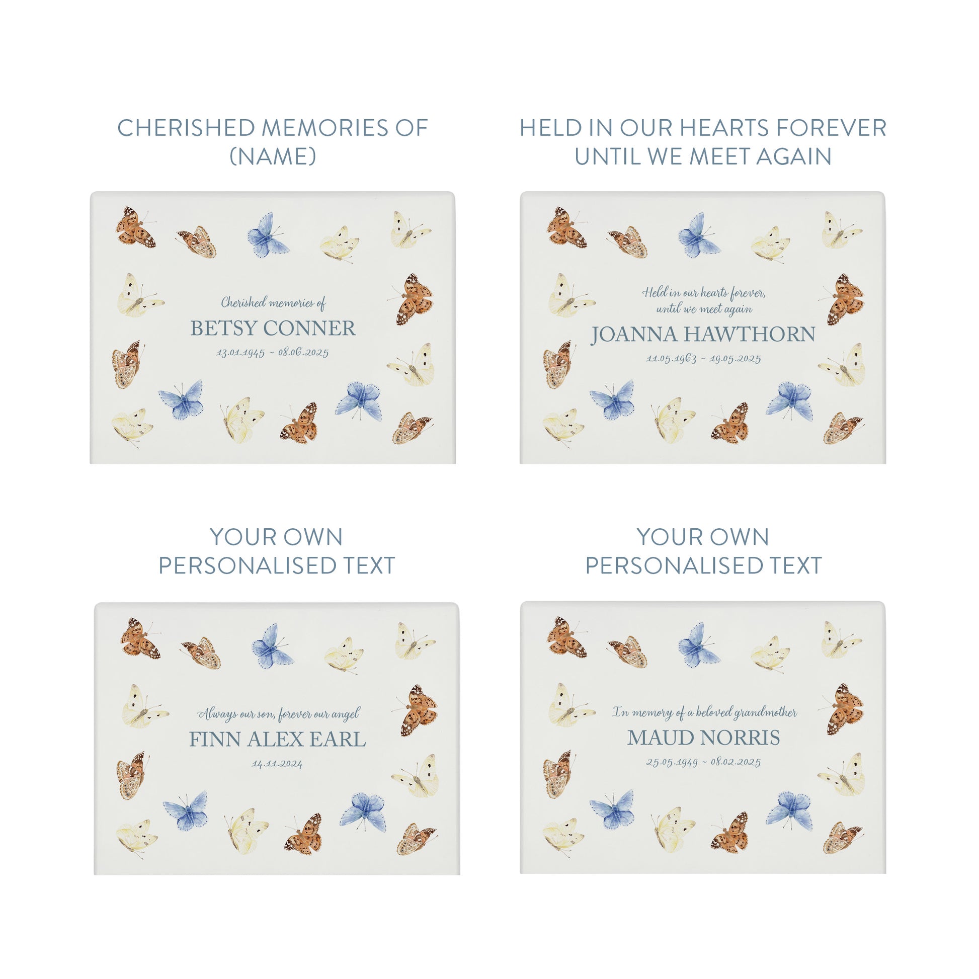 A beautifully crafted solid wooden urn, finished in white with a soft watercolour design of flying Butterflies, Thoughtfully made for either display or burial, this personalised urn can be customised to create a meaningful memorial. Perfect for holding ashes of a loved one or a beloved pet, it serves as a comforting tribute and keepsake.