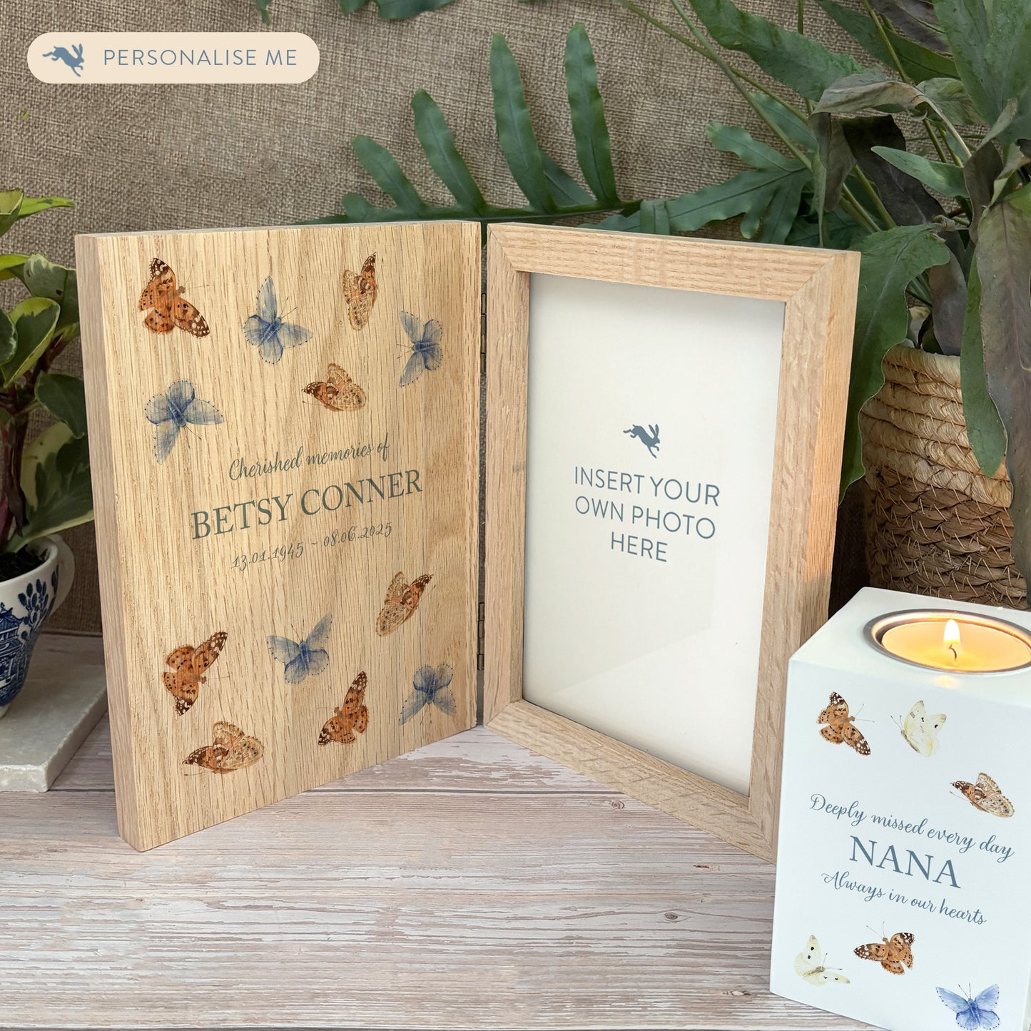 Memorial Solid Oak Photo Frame, personalise with your own message or select from our drop down selection. handmade watercolour paintings, this design features flying Butterflies.