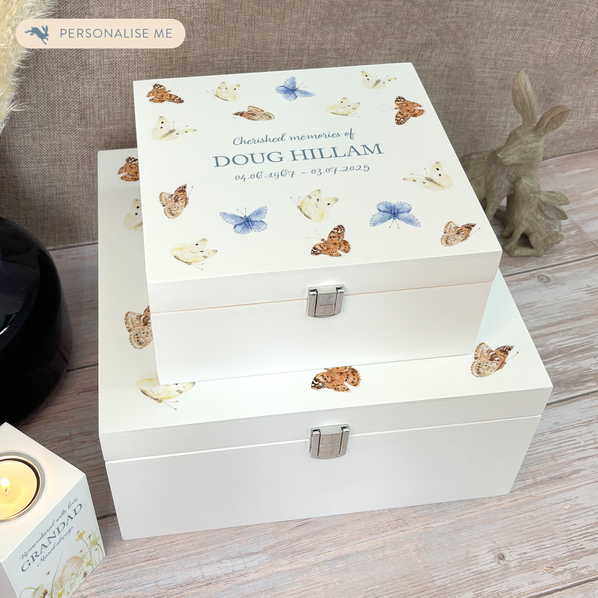 White Square personalised Wooden box with a decorative lid featuring illustrations Butterflies, Perfect funeral memory keepsake box, for storing ashes, order of service, flowers and capturing your loved ones things in one place. Available in red, blue, yellow and green