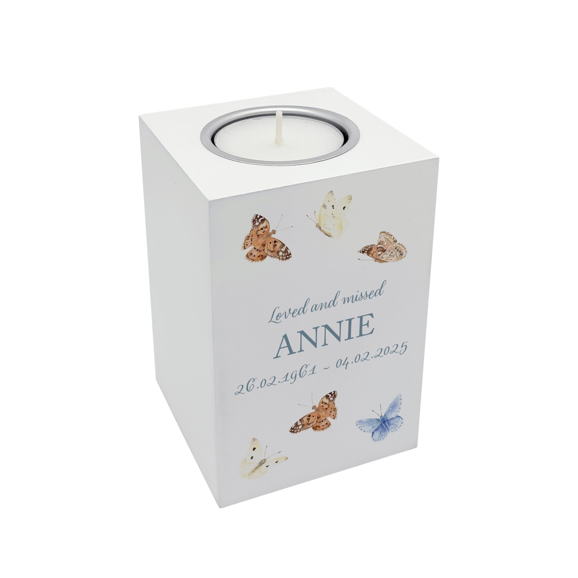 wooden cuboid luxury tealight holder with gorgeous personalised options . Each product is lovingly designed, handmade with our Countryside inspired watercolour designs. This design features Butterflies, a unique designs to remember a loved on, great for memorial occasions