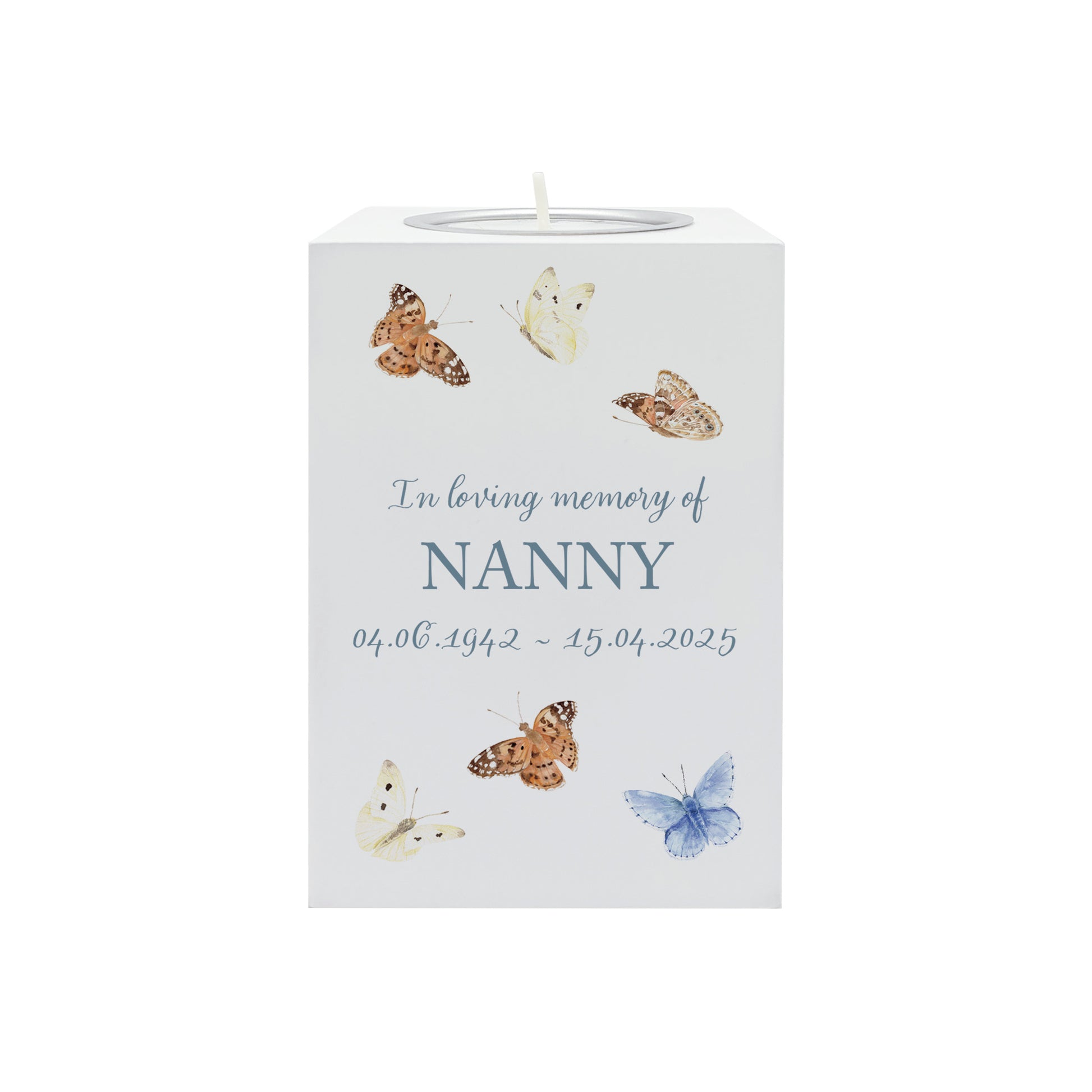 wooden cuboid luxury tealight holder with gorgeous personalised options . Each product is lovingly designed, handmade with our Countryside inspired watercolour designs. This design features Butterflies, a unique designs to remember a loved on, great for memorial occasions