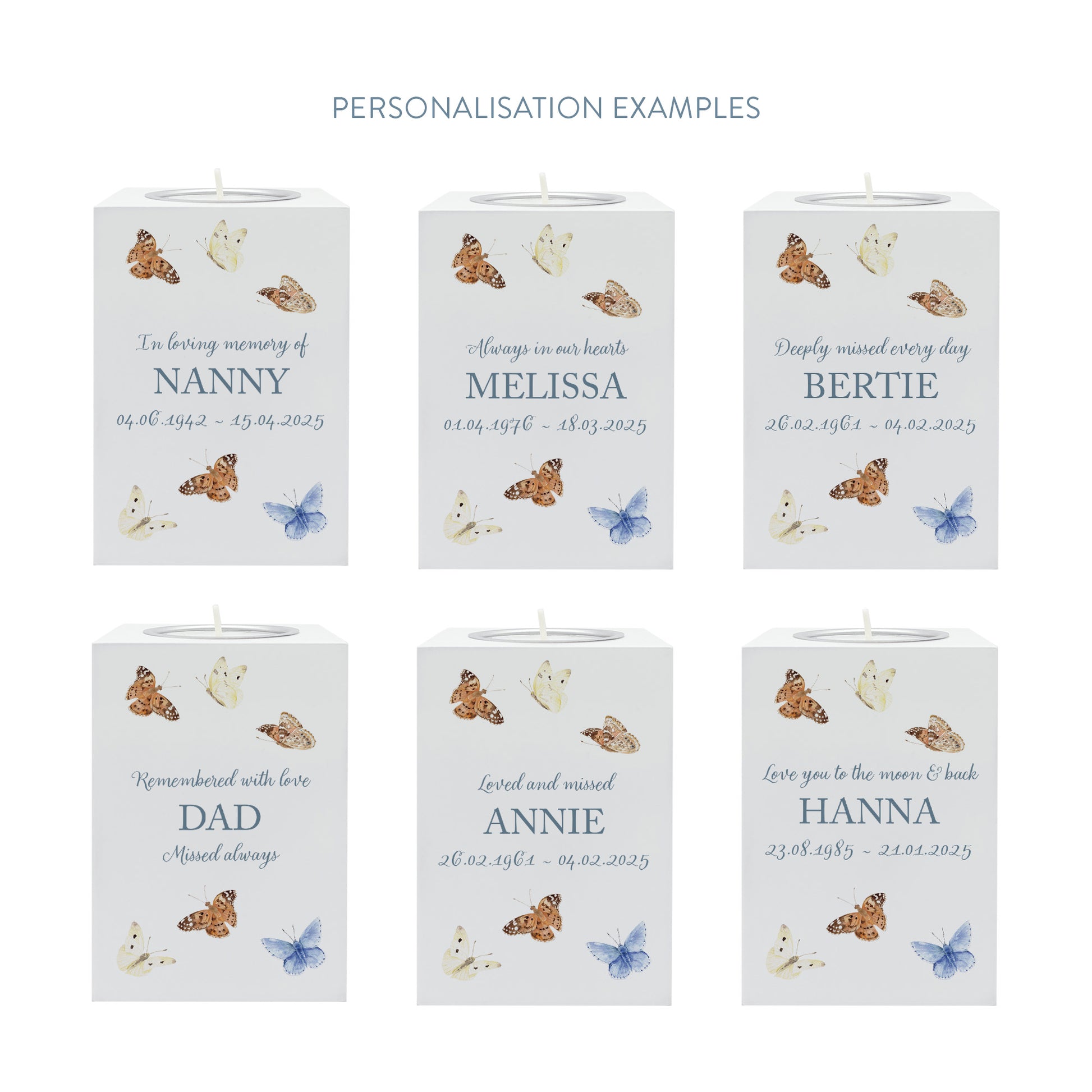 wooden cuboid luxury tealight holder with gorgeous personalised options . Each product is lovingly designed, handmade with our Countryside inspired watercolour designs. This design features Butterflies, a unique designs to remember a loved on, great for memorial occasions