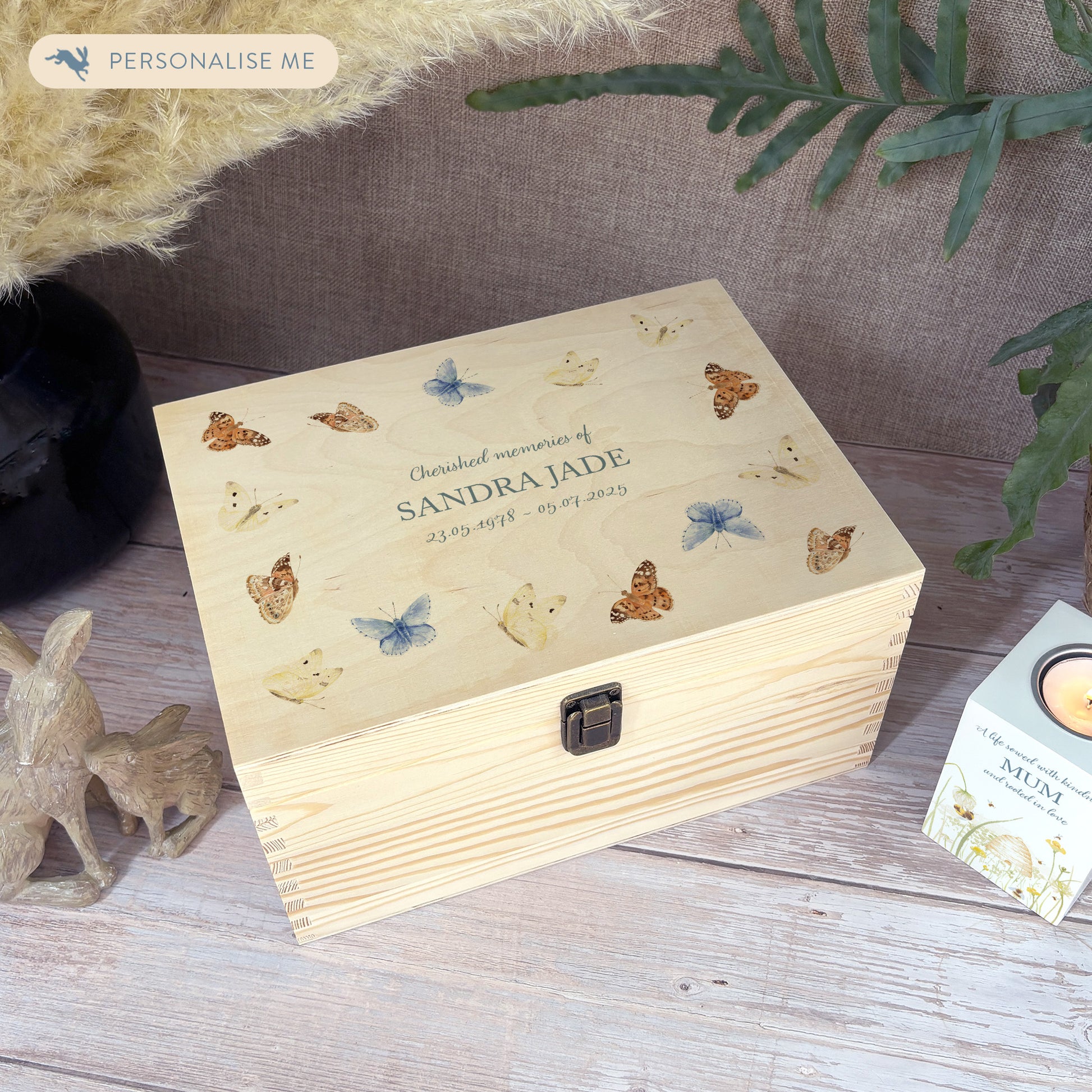Wooden box with a decorative lid featuring illustrations of Flying Butterflies Perfect funeral memory keepsake box, for storing ashes, order of service, flowers. capturing your loved ones favourite hobby