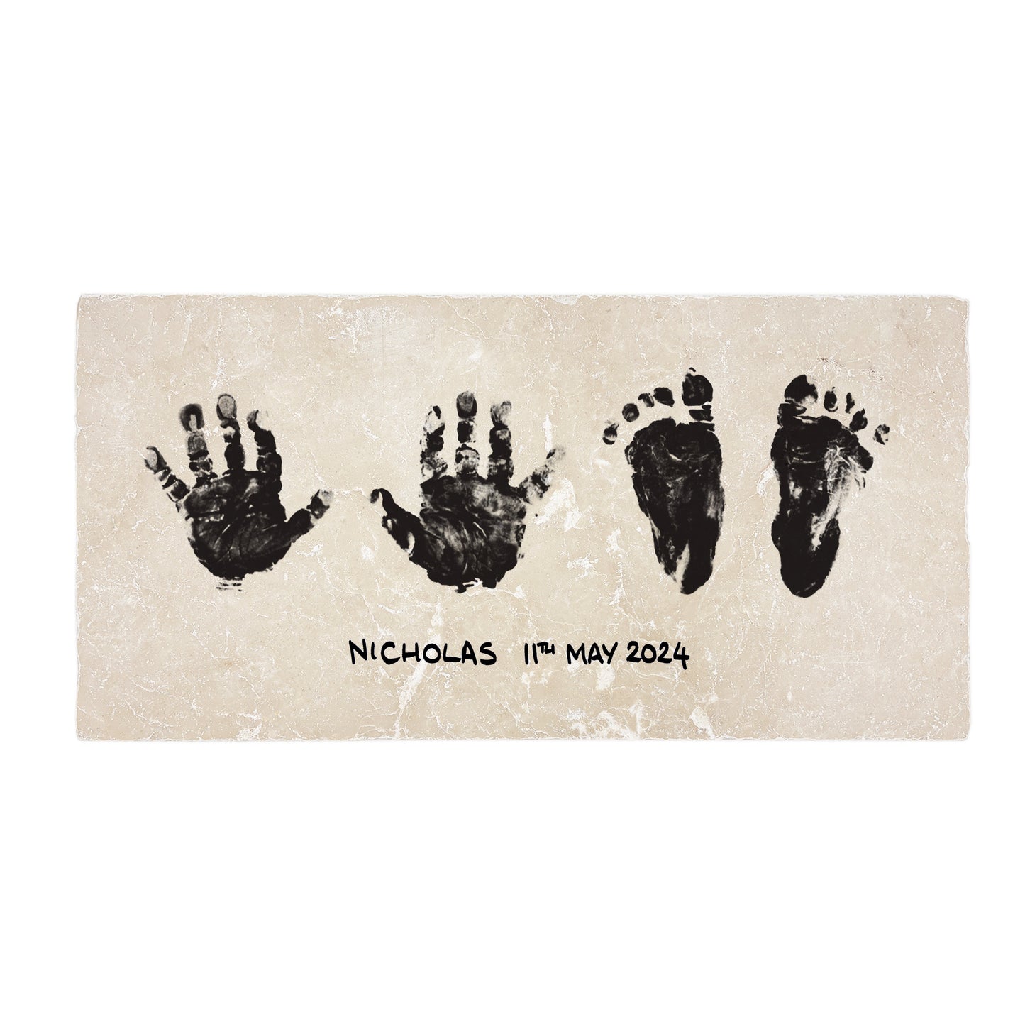 Celebrate cherished moments with a custom handmade picture tile featuring baby handprints, footprints, name and birthdate, the ideal personalised gift for any family occasion.