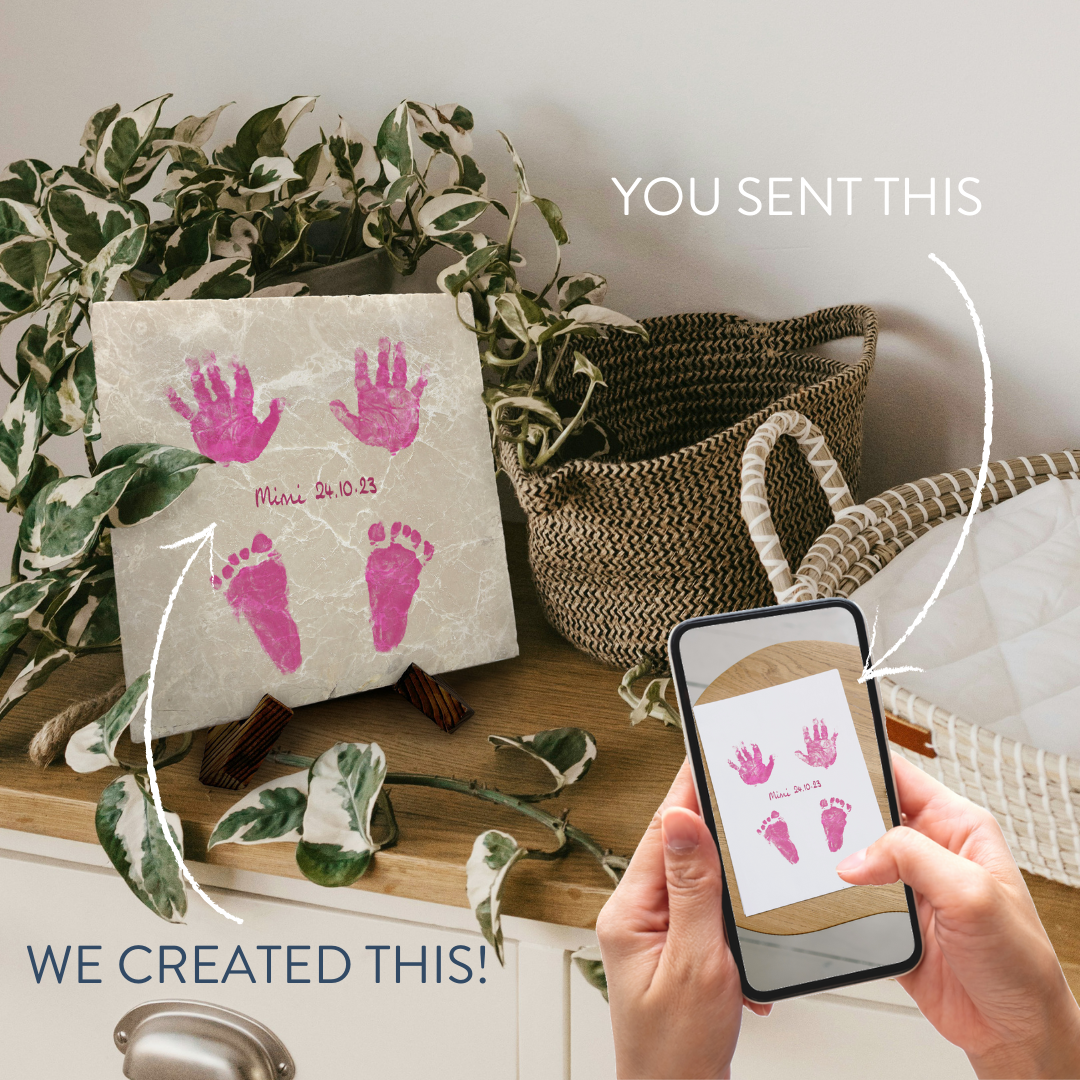 Gift a personalised a marble platter and coasters with your cherished memories. Send us your baby handprints and footprints, or a loved one's handwriting.
