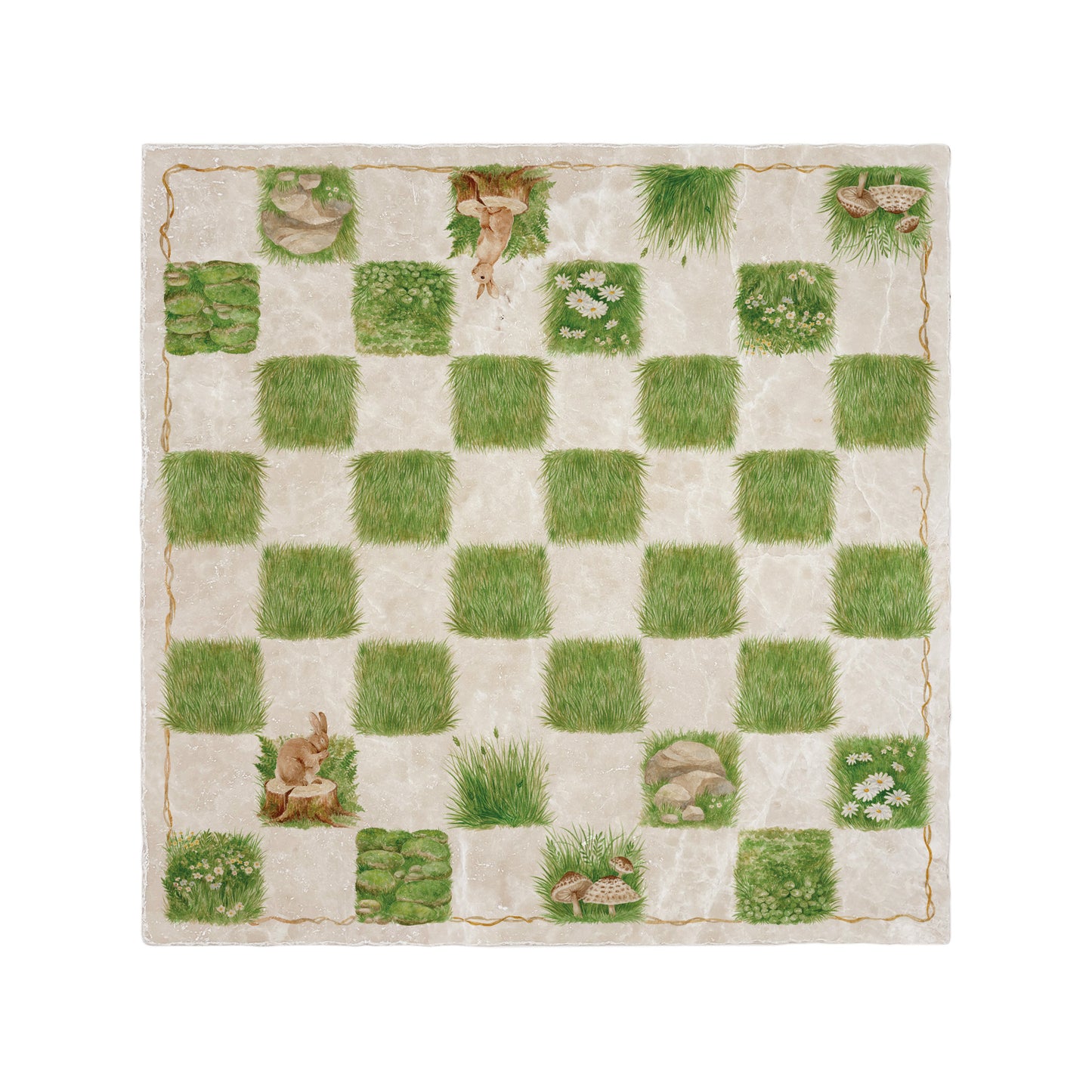 Luxury chess board handcrafted from natural marble stone, showcasing intricate detailing and timeless craftsmanship. Elegant handmade marble chess board that doubles as a decorative statement piece. Echo friendly packaging. This unique game features 2 hares and stunning illustrations of the countryside that inspires us.