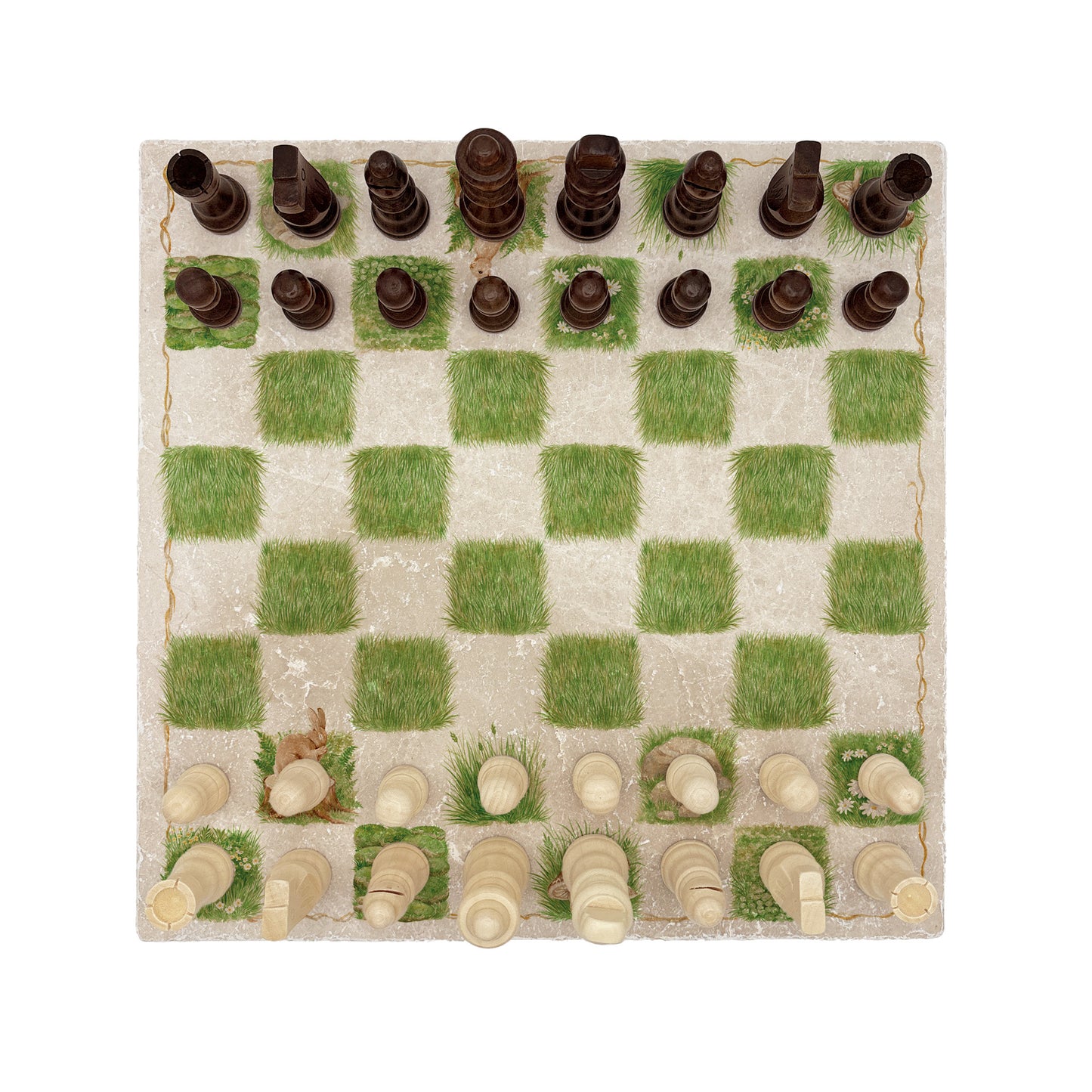 Luxury chess board handcrafted from natural marble stone, showcasing intricate detailing and timeless craftsmanship. Elegant handmade marble chess board that doubles as a decorative statement piece. Echo friendly packaging. This unique game features 2 hares and stunning illustrations of the countryside that inspires us.