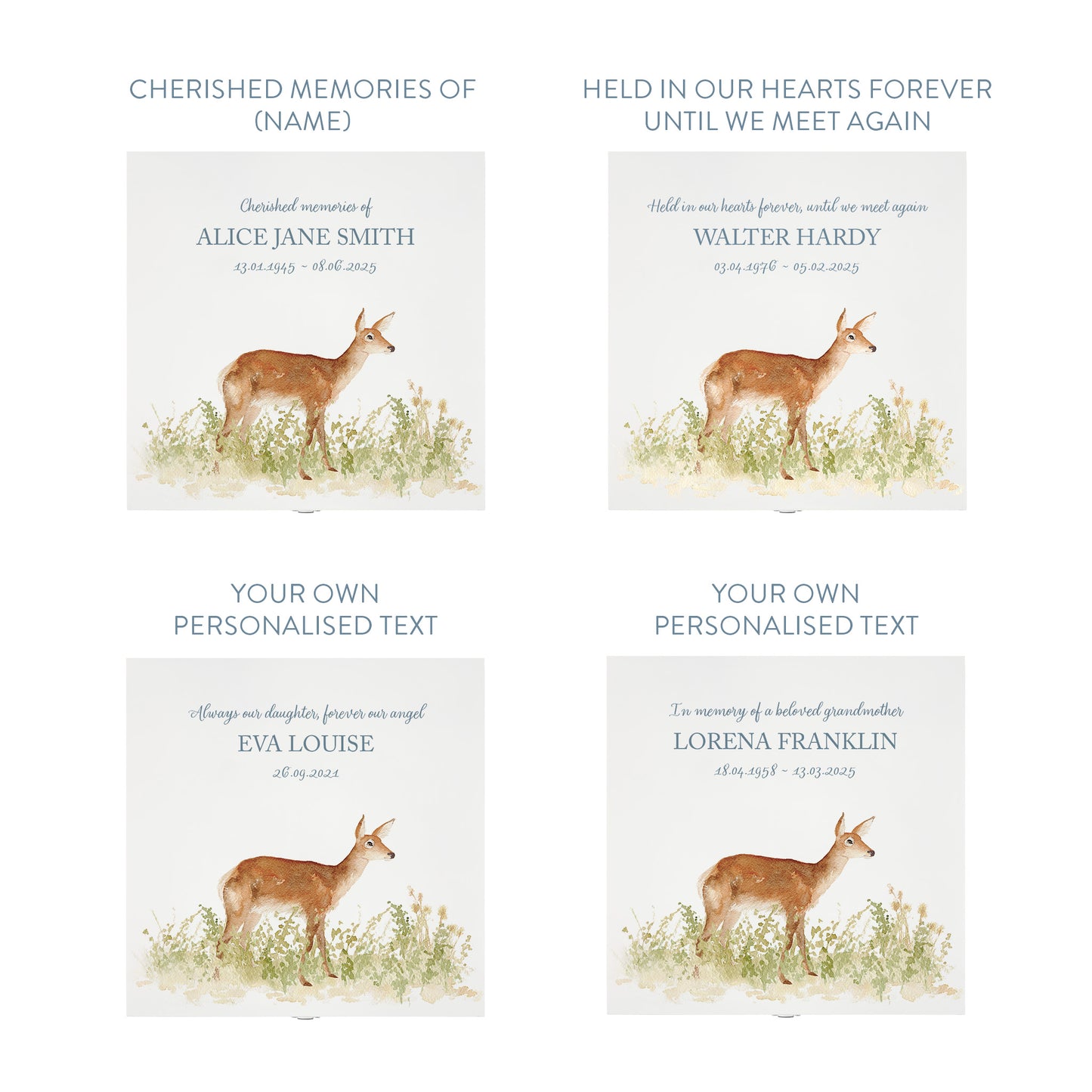 White Square personalised Wooden box with a decorative lid featuring illustrations of a Doe in Grass Perfect funeral memory keepsake box, for storing ashes, order of service, flowers and capturing your loved ones things in one place.