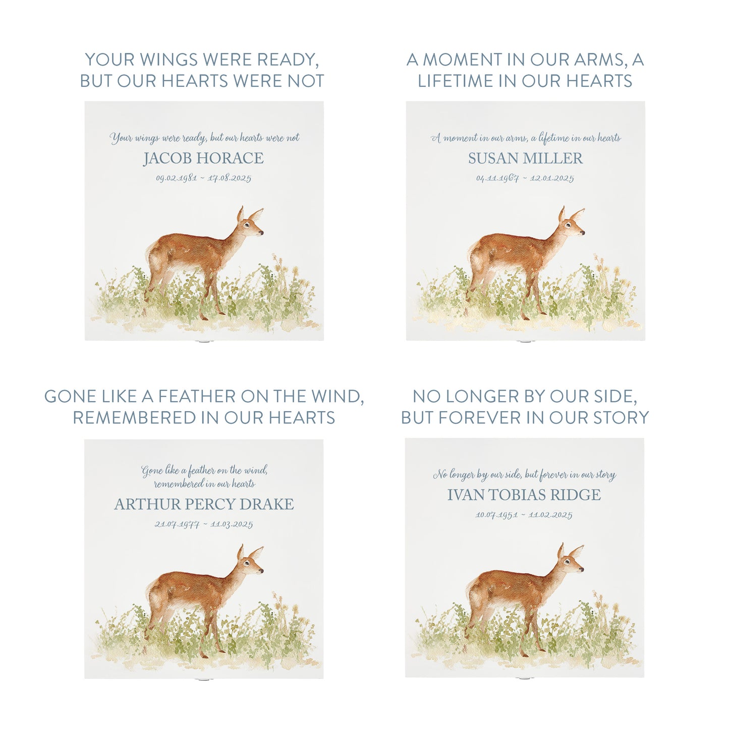 White Square personalised Wooden box with a decorative lid featuring illustrations of a Doe in Grass Perfect funeral memory keepsake box, for storing ashes, order of service, flowers and capturing your loved ones things in one place.