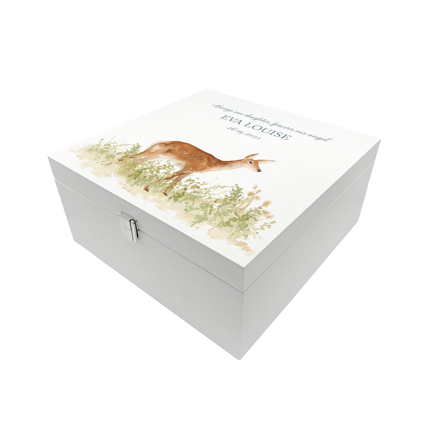 White Square personalised Wooden box with a decorative lid featuring illustrations of a Doe in Grass Perfect funeral memory keepsake box, for storing ashes, order of service, flowers and capturing your loved ones things in one place.