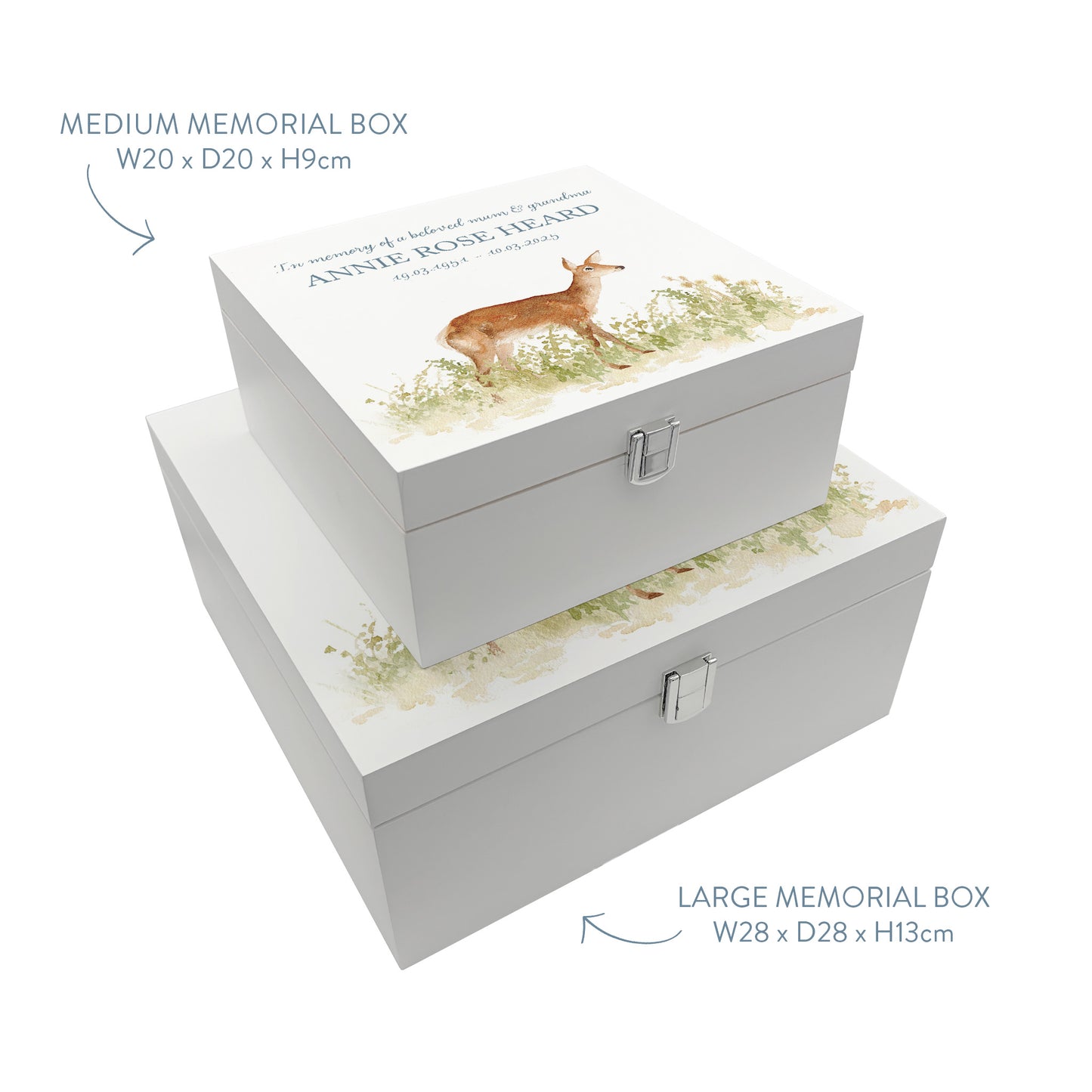 White Square personalised Wooden box with a decorative lid featuring illustrations of a Doe in Grass Perfect funeral memory keepsake box, for storing ashes, order of service, flowers and capturing your loved ones things in one place.