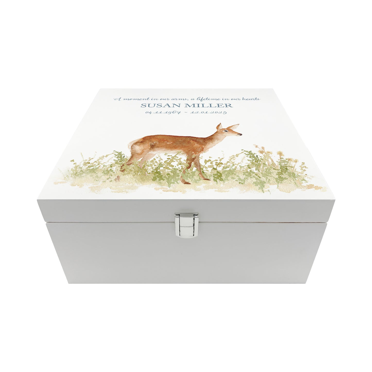 White Square personalised Wooden box with a decorative lid featuring illustrations of a Doe in Grass Perfect funeral memory keepsake box, for storing ashes, order of service, flowers and capturing your loved ones things in one place.