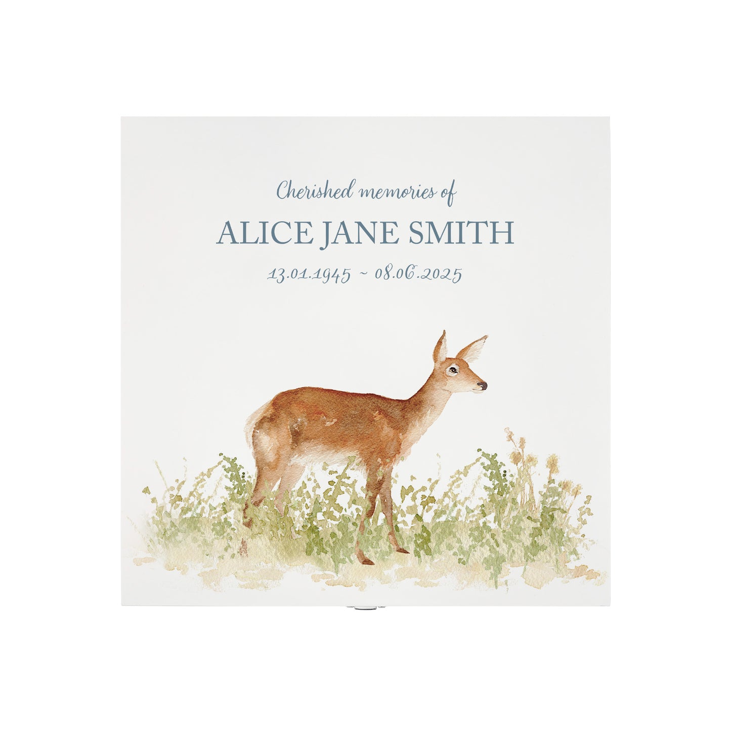 White Square personalised Wooden box with a decorative lid featuring illustrations of a Doe in Grass Perfect funeral memory keepsake box, for storing ashes, order of service, flowers and capturing your loved ones things in one place.