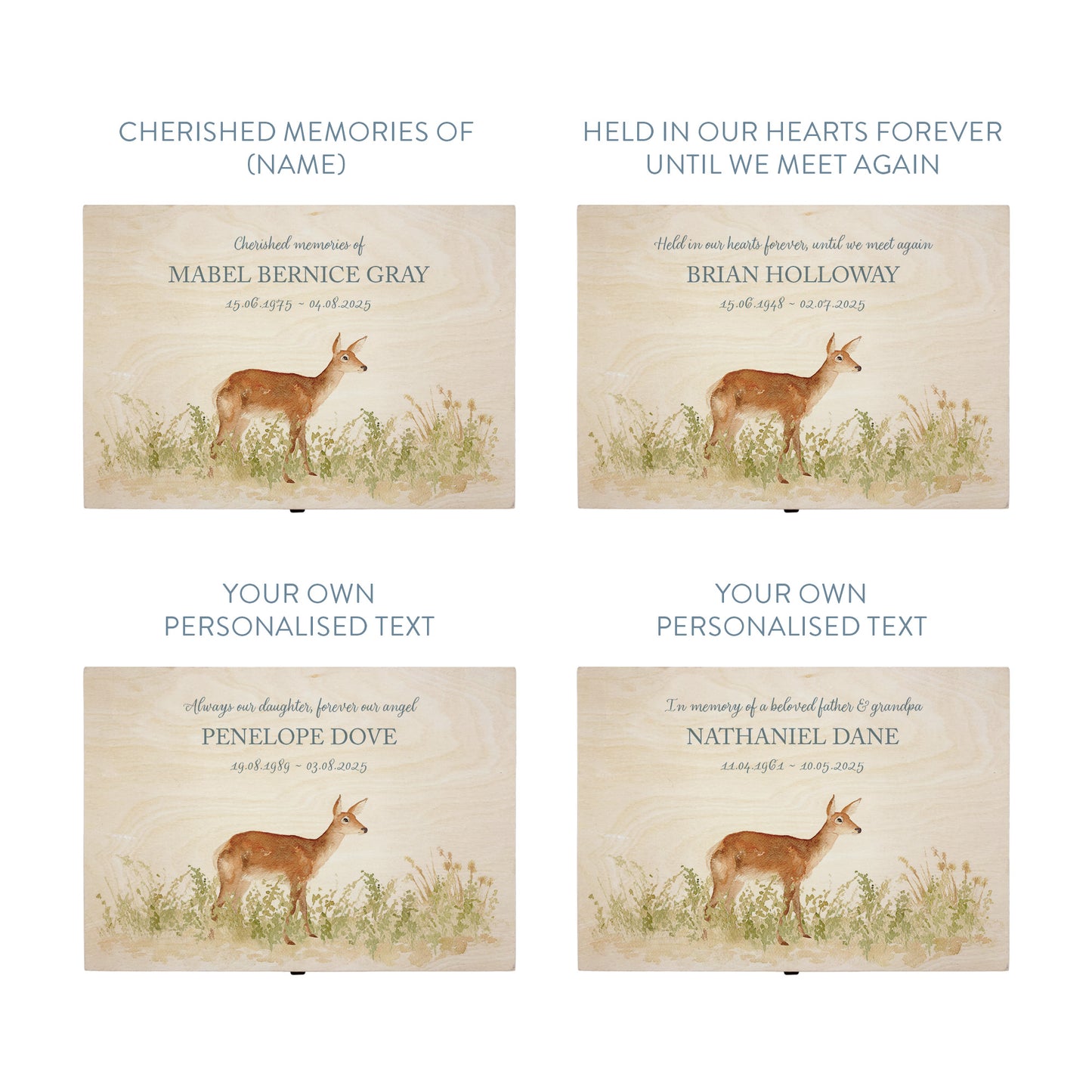 Wooden box with a lid featuring an illustration of a Doe on a wooden background Perfect funeral memory keepsake box, for storing ashes, order of service, flowers, pictures.